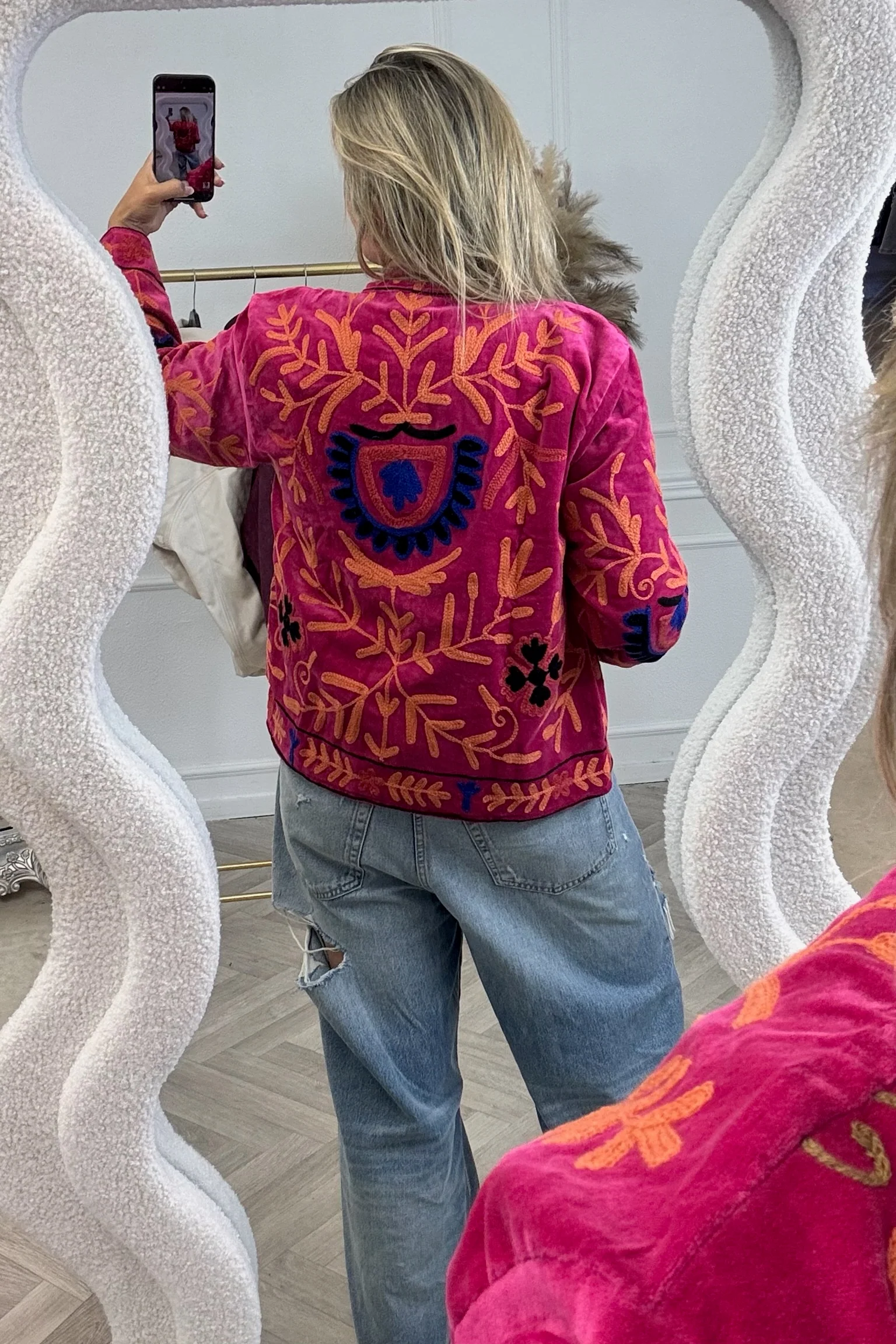 Cotton Velvet Flower Leaves Jacket - Pink/Dark Blue - Image 2