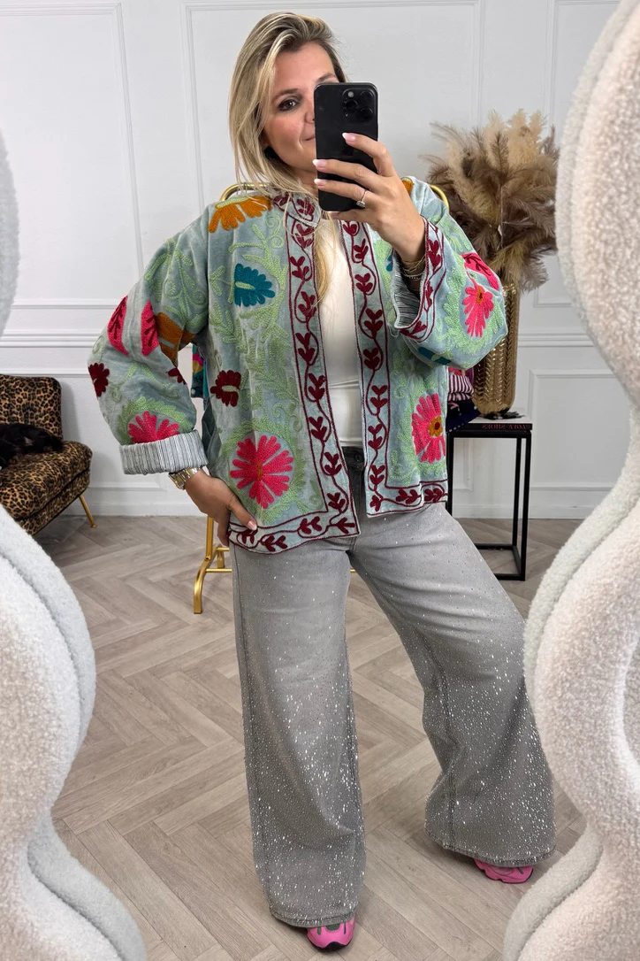 Cotton Velvet Flower Leaves Jacket - Sage