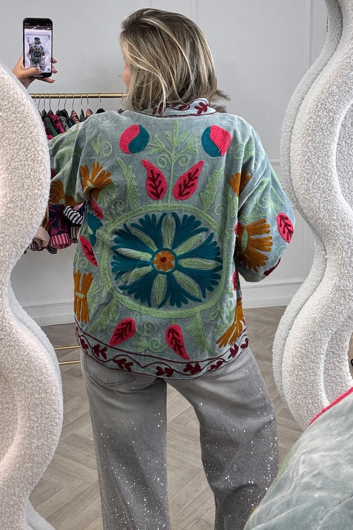 Cotton Velvet Flower Leaves Jacket - Sage - Image 2