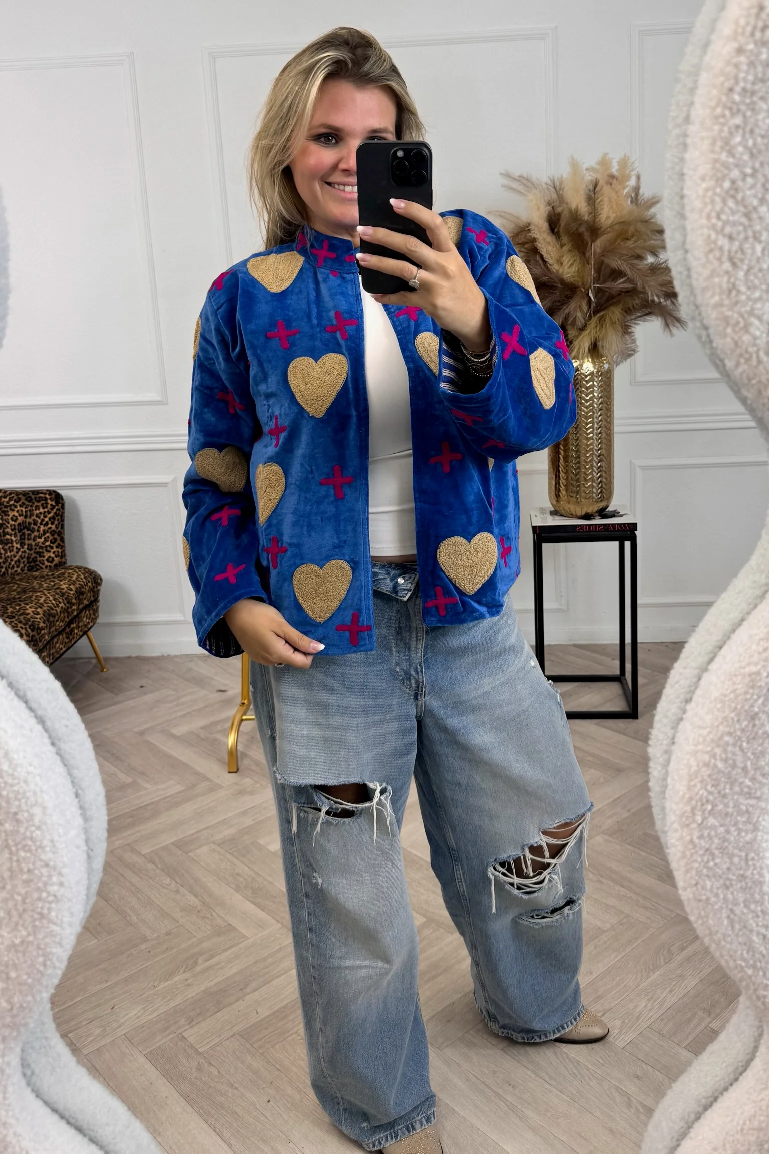 Cotton Velvet Heart And Cross Jacket - Blue/Pink
