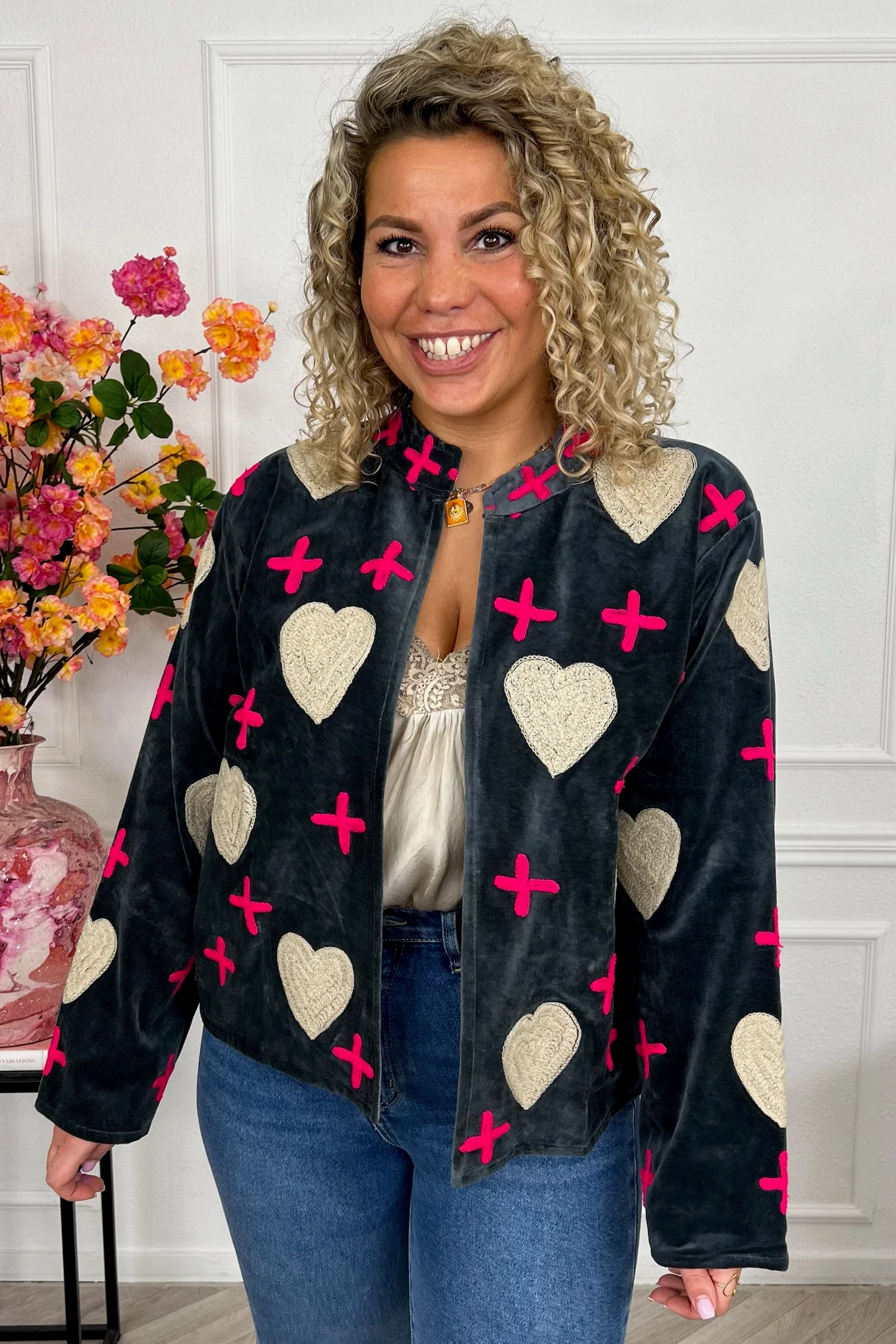 Cotton Velvet Heart And Cross Jacket - Dark Grey/Pink