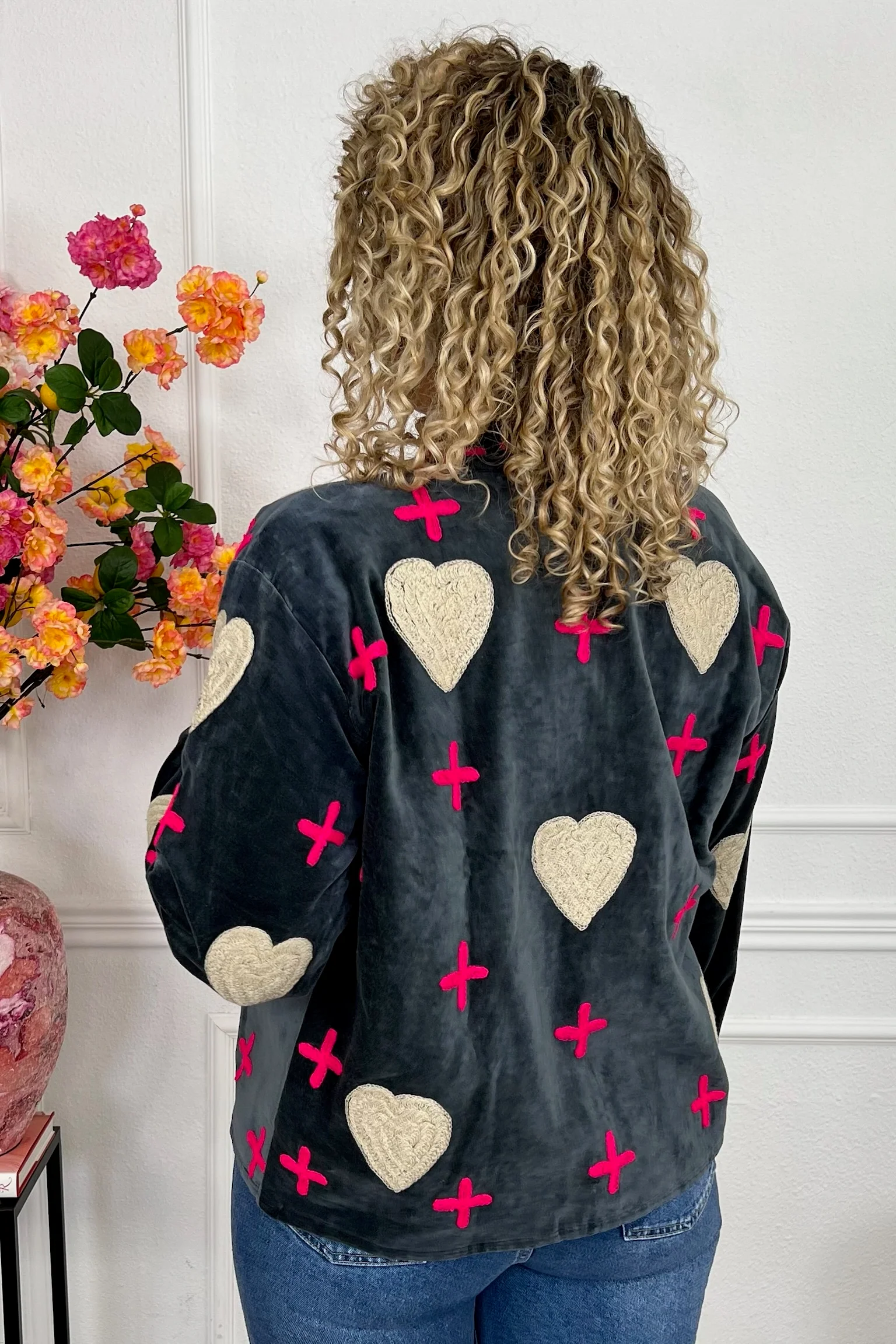 Cotton Velvet Heart And Cross Jacket - Dark Grey/Pink - Image 2