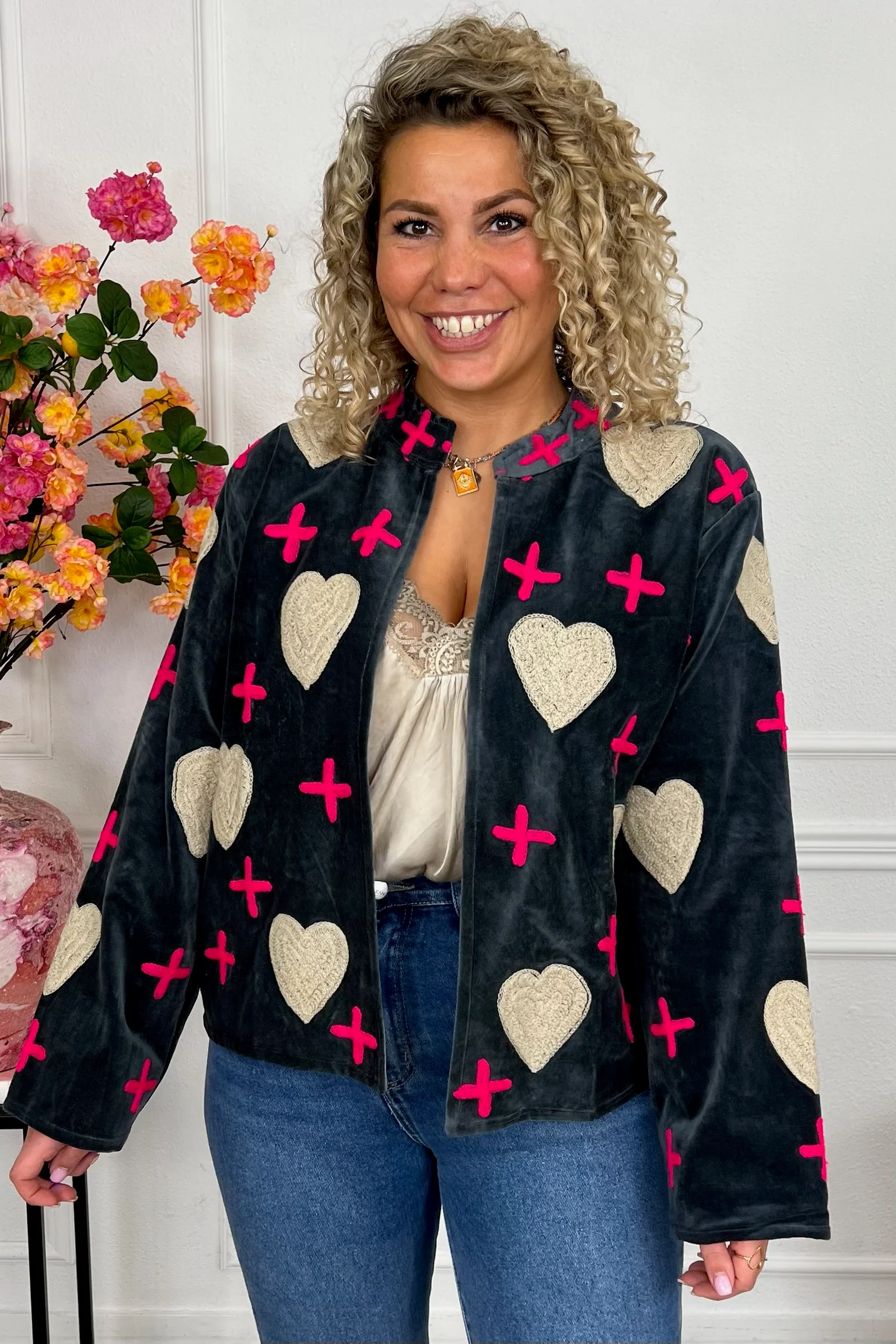 Cotton Velvet Heart And Cross Jacket - Dark Grey/Pink - Image 3