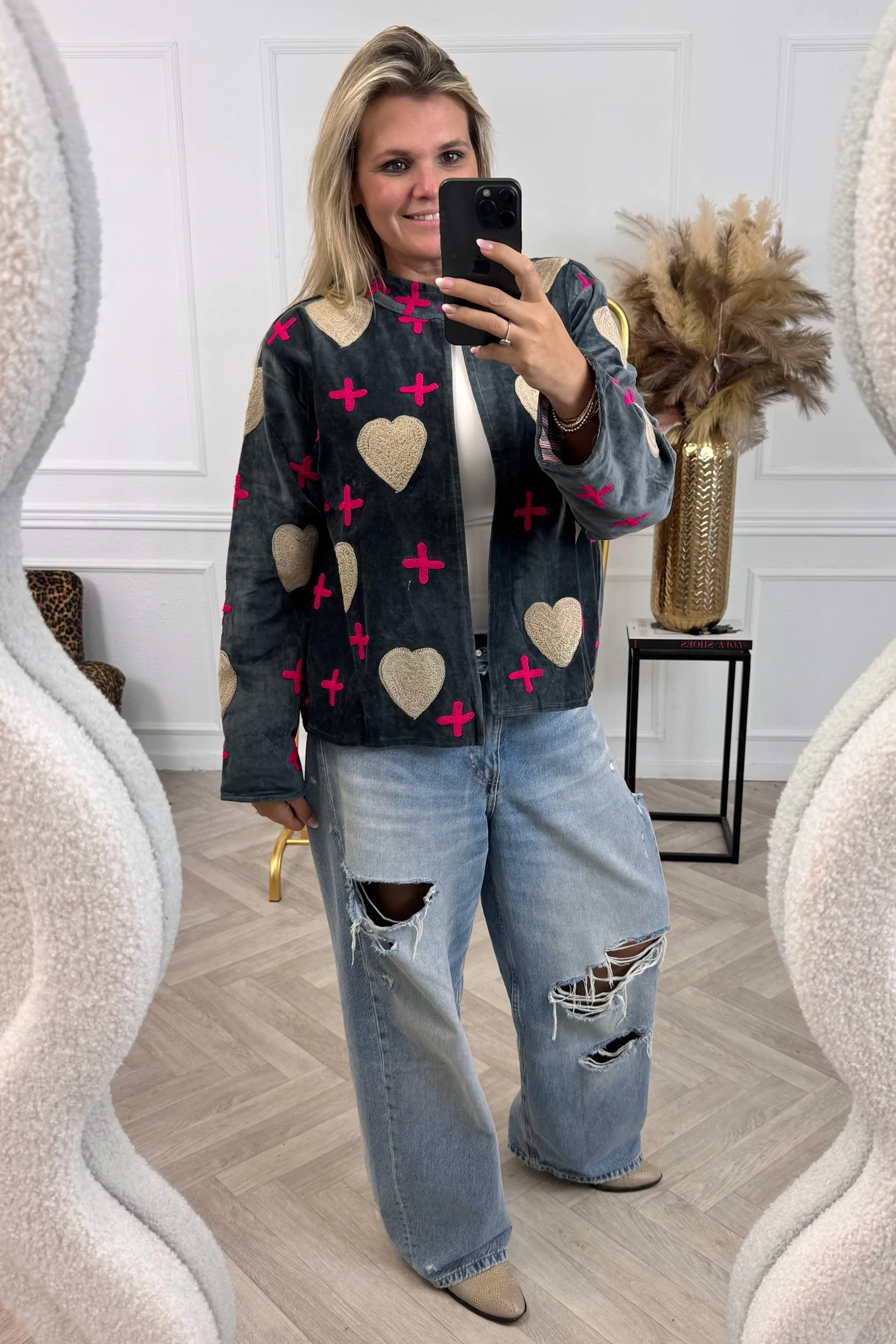 Cotton Velvet Heart And Cross Jacket - Dark Grey/Pink - Image 4