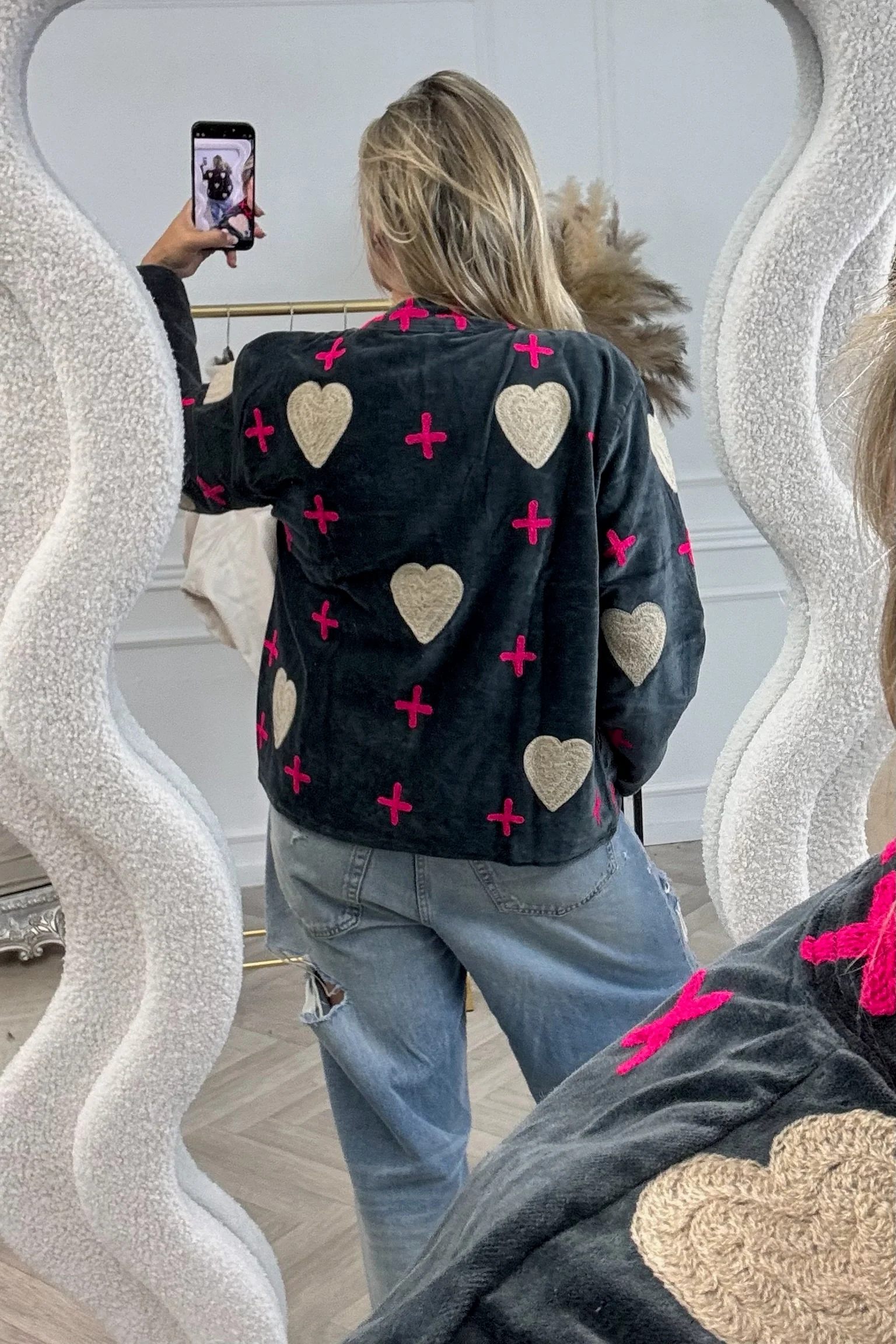 Cotton Velvet Heart And Cross Jacket - Dark Grey/Pink - Image 5
