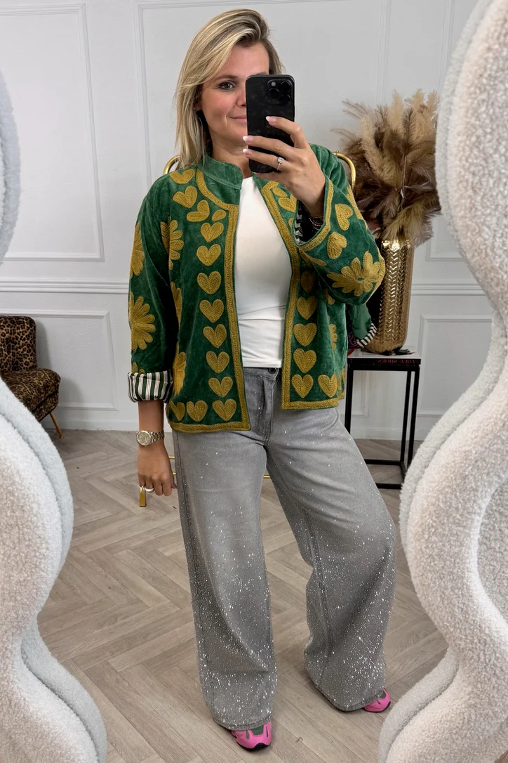 Cotton Velvet Heart Jacket - Green/Oker