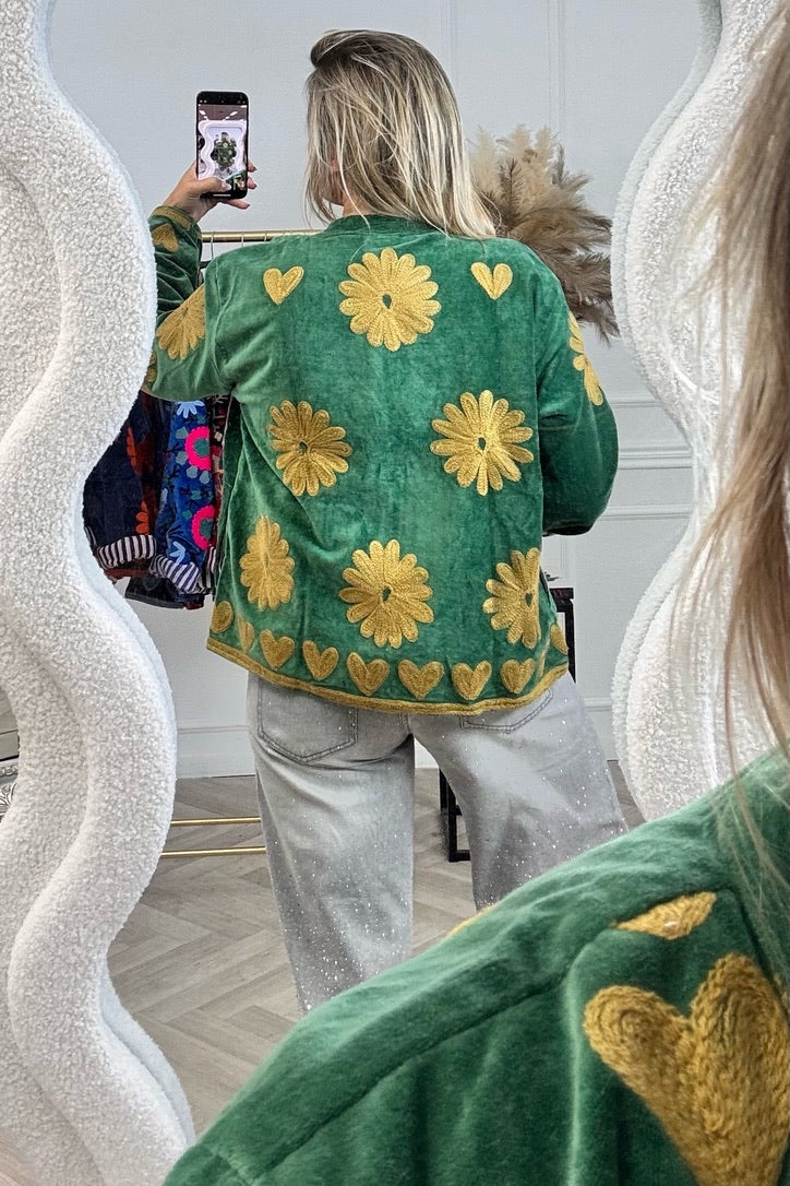 Cotton Velvet Heart Jacket - Green/Oker - Image 2