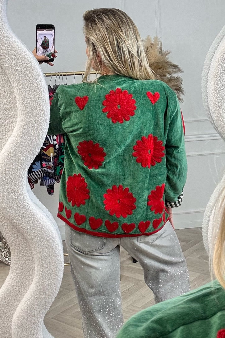 Cotton Velvet Heart Jacket - Green/Red - Image 2