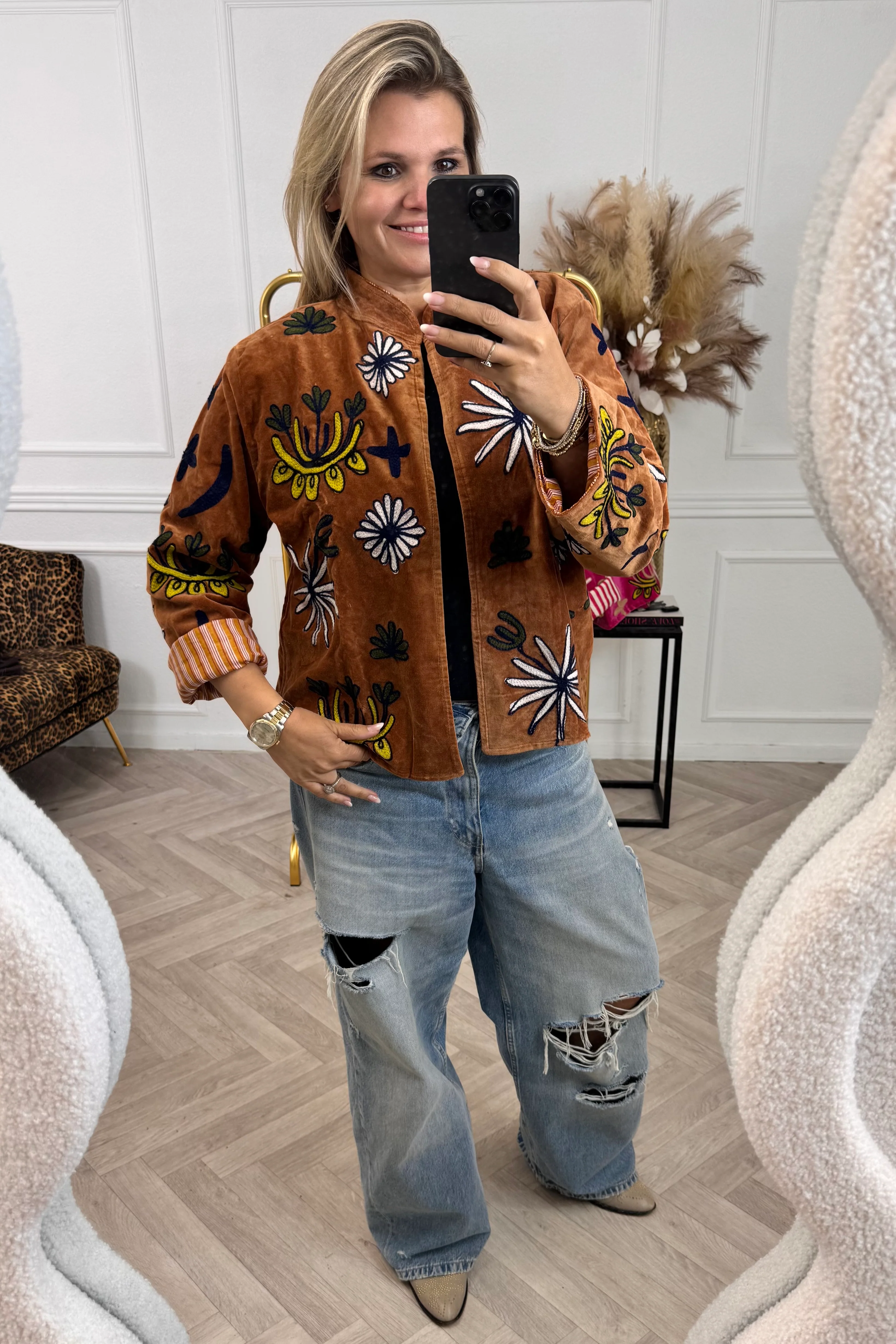 Cotton Velvet Leopard Jacket - Brown