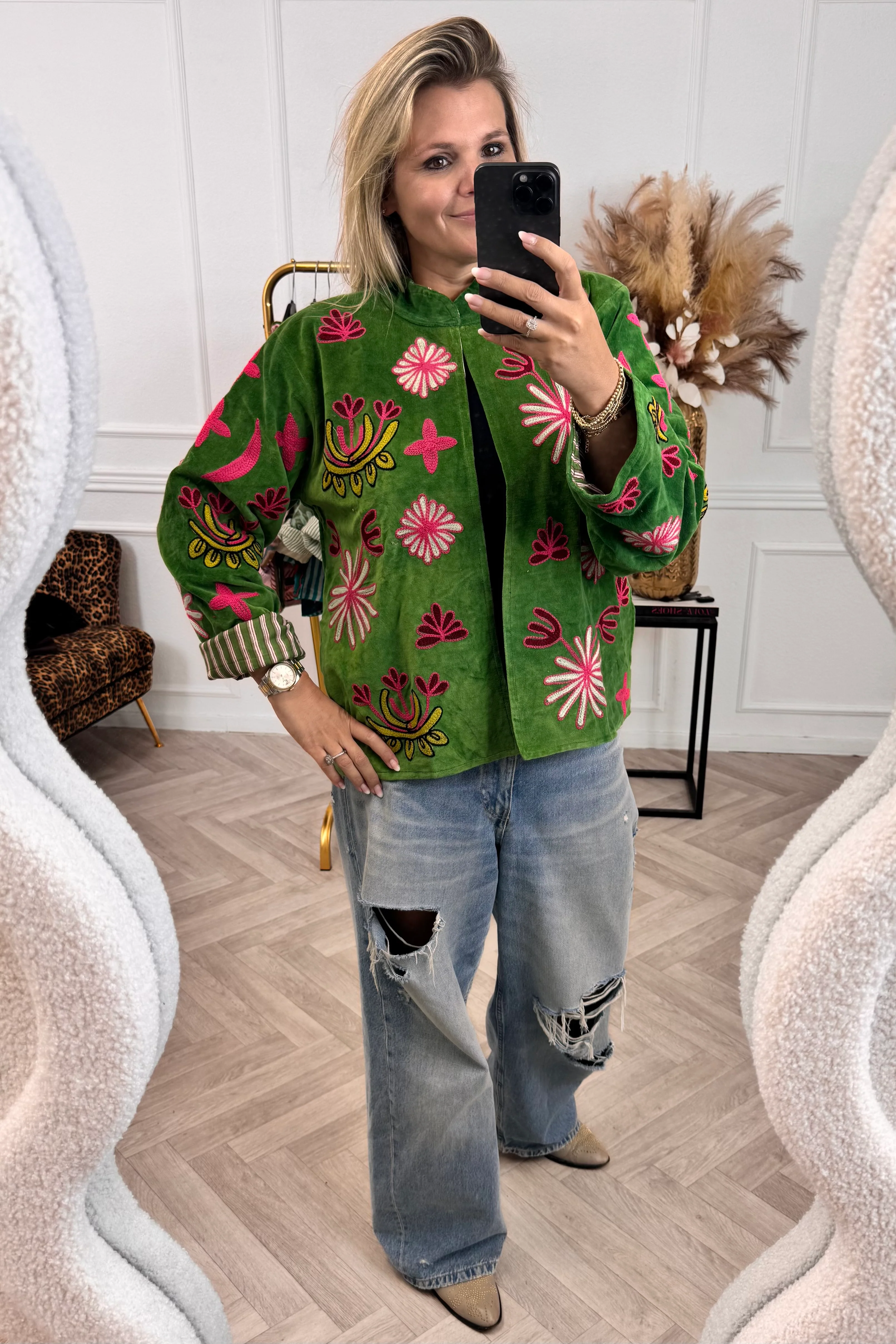 Cotton Velvet Leopard Jacket - Green