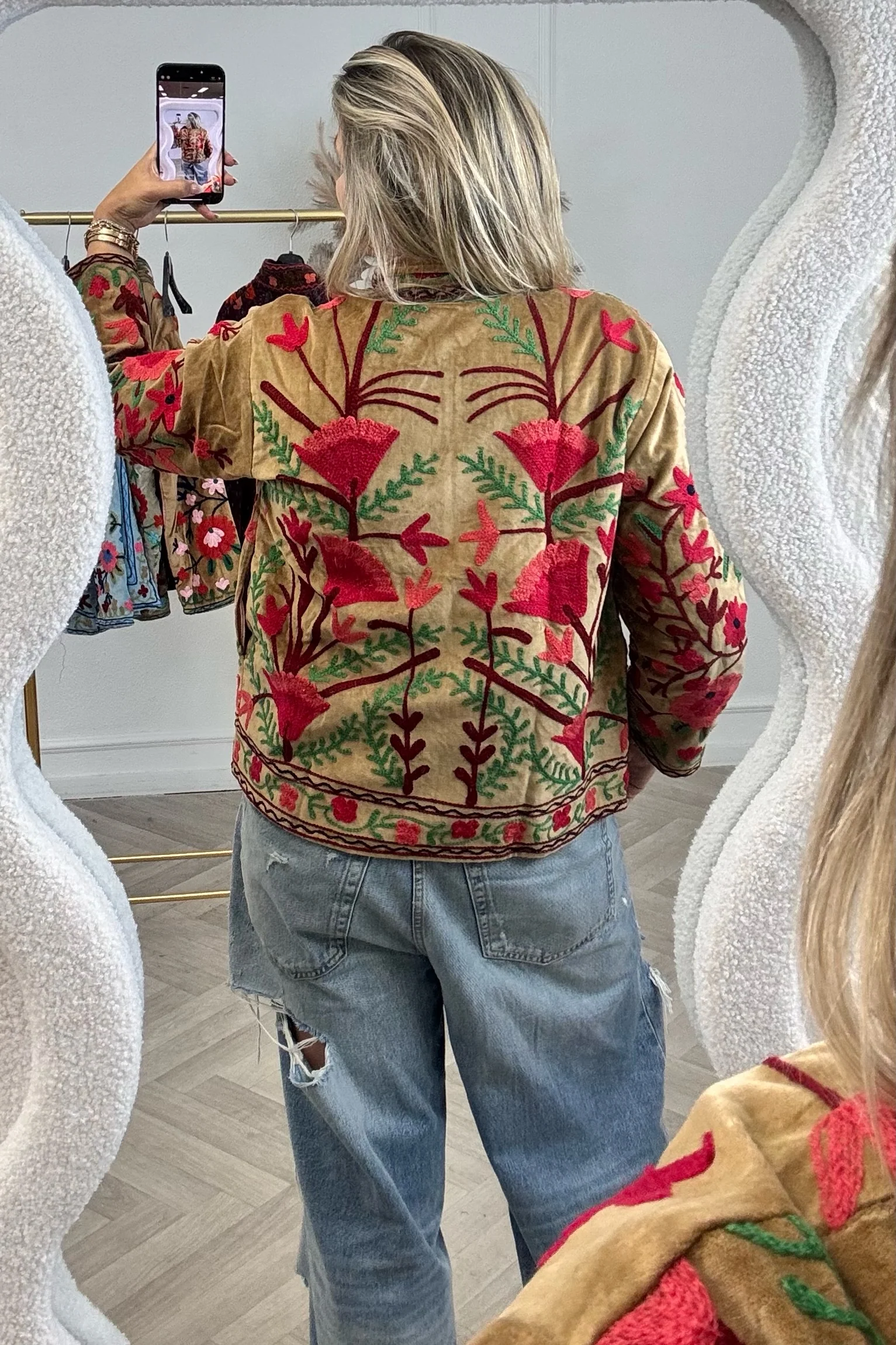 Cotton Velvet Lily Jacket - Camel/Red - Image 2