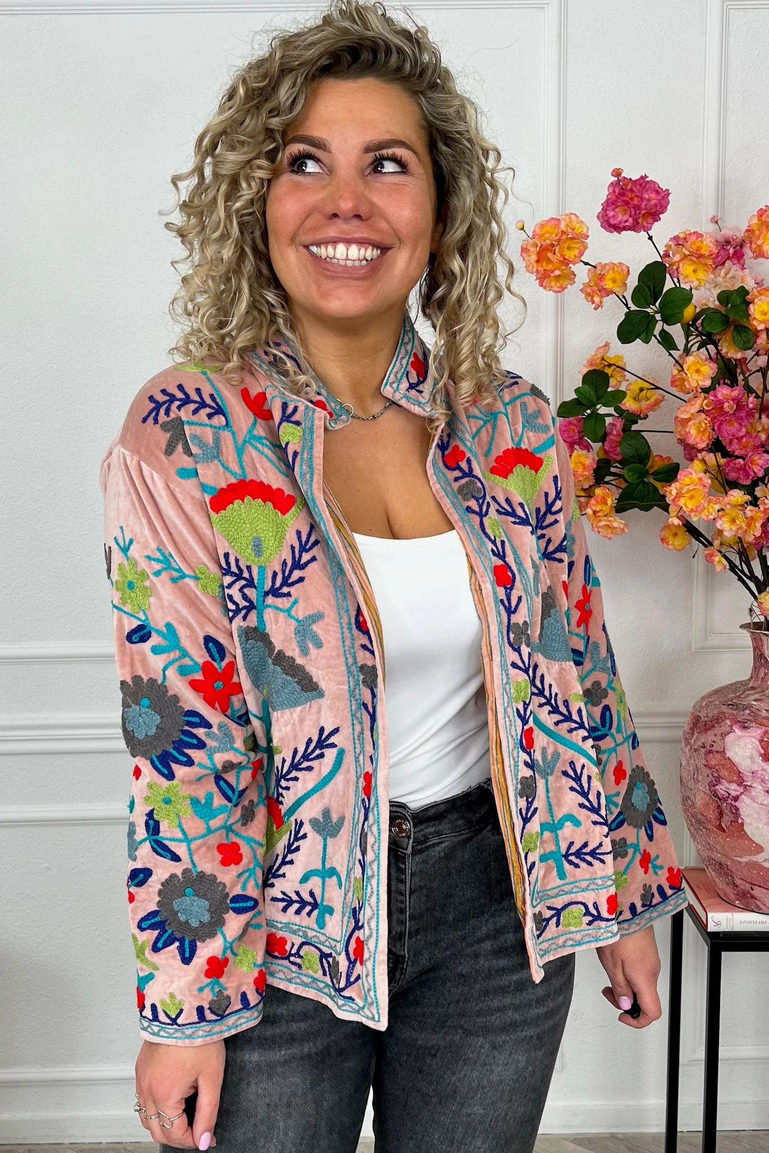 Cotton Velvet Lily Jacket - Old Pink/Green