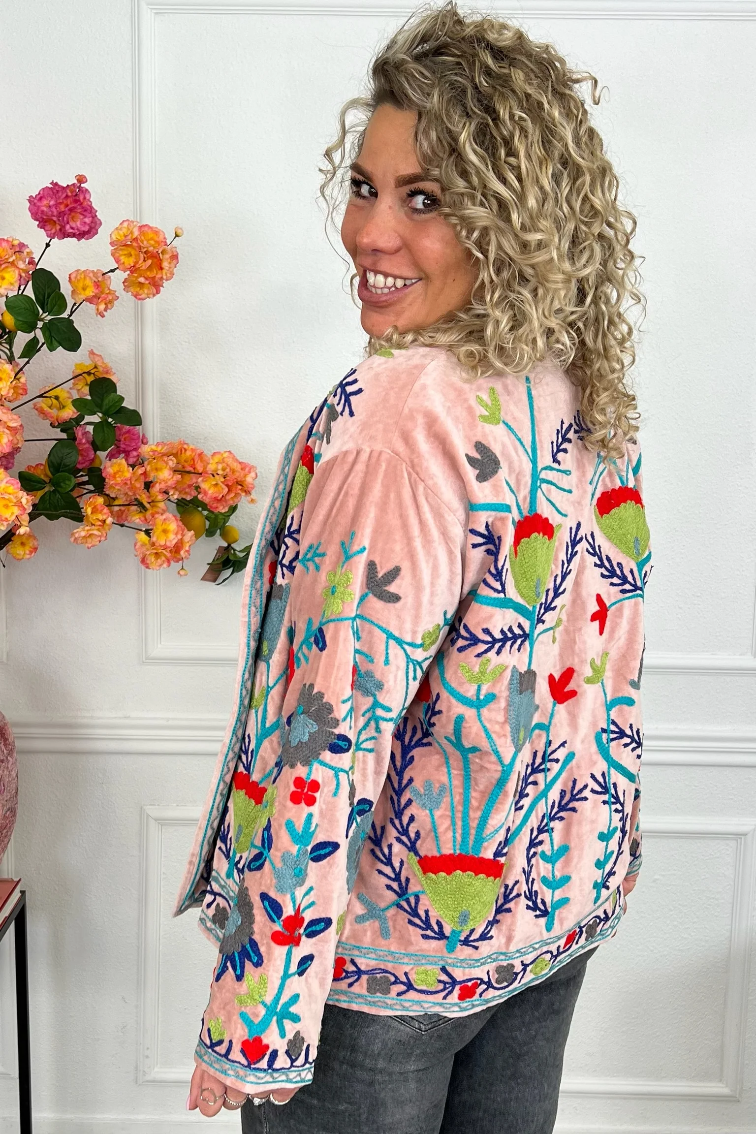 Cotton Velvet Lily Jacket - Old Pink/Green - Image 2