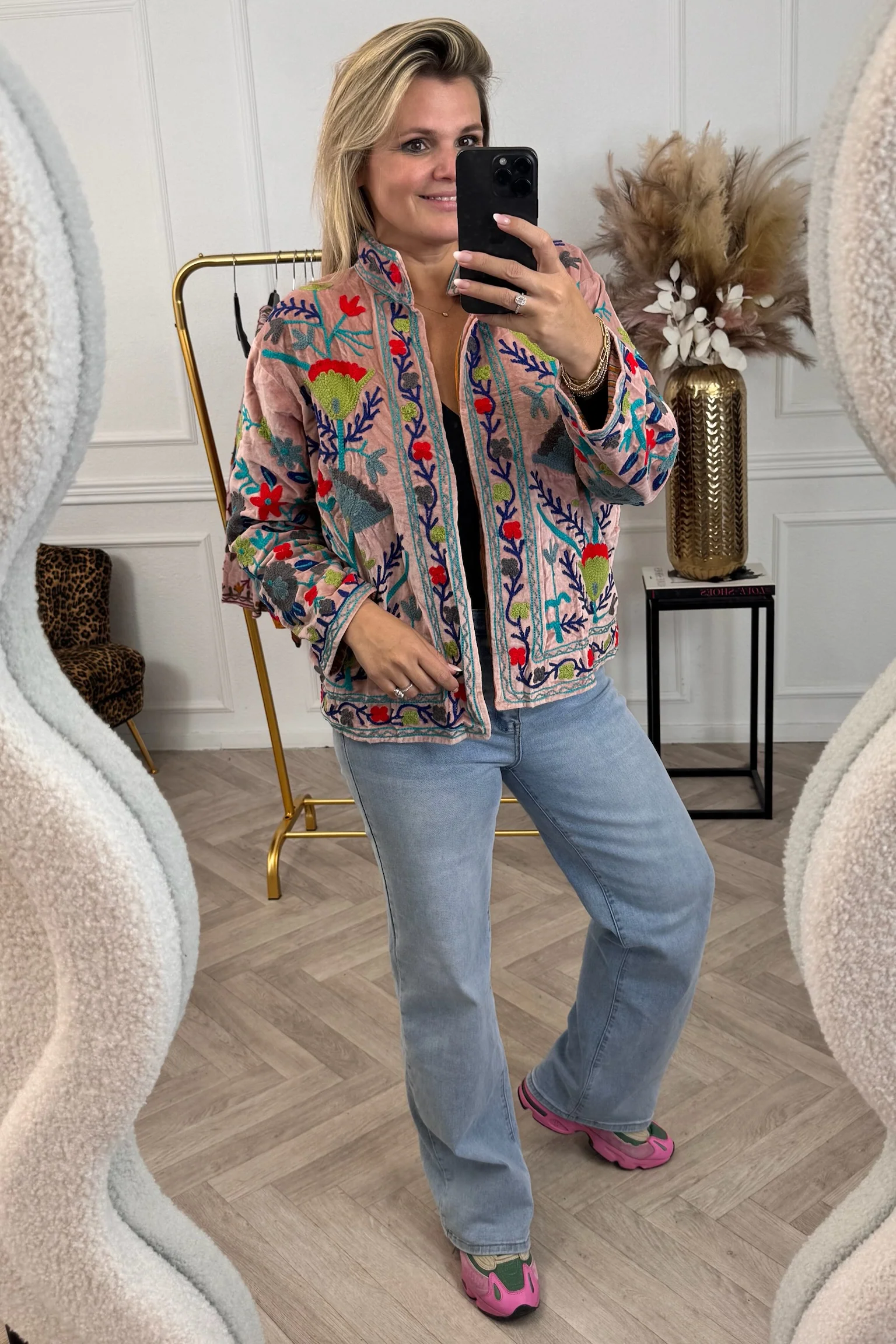 Cotton Velvet Lily Jacket - Old Pink/Green - Image 3
