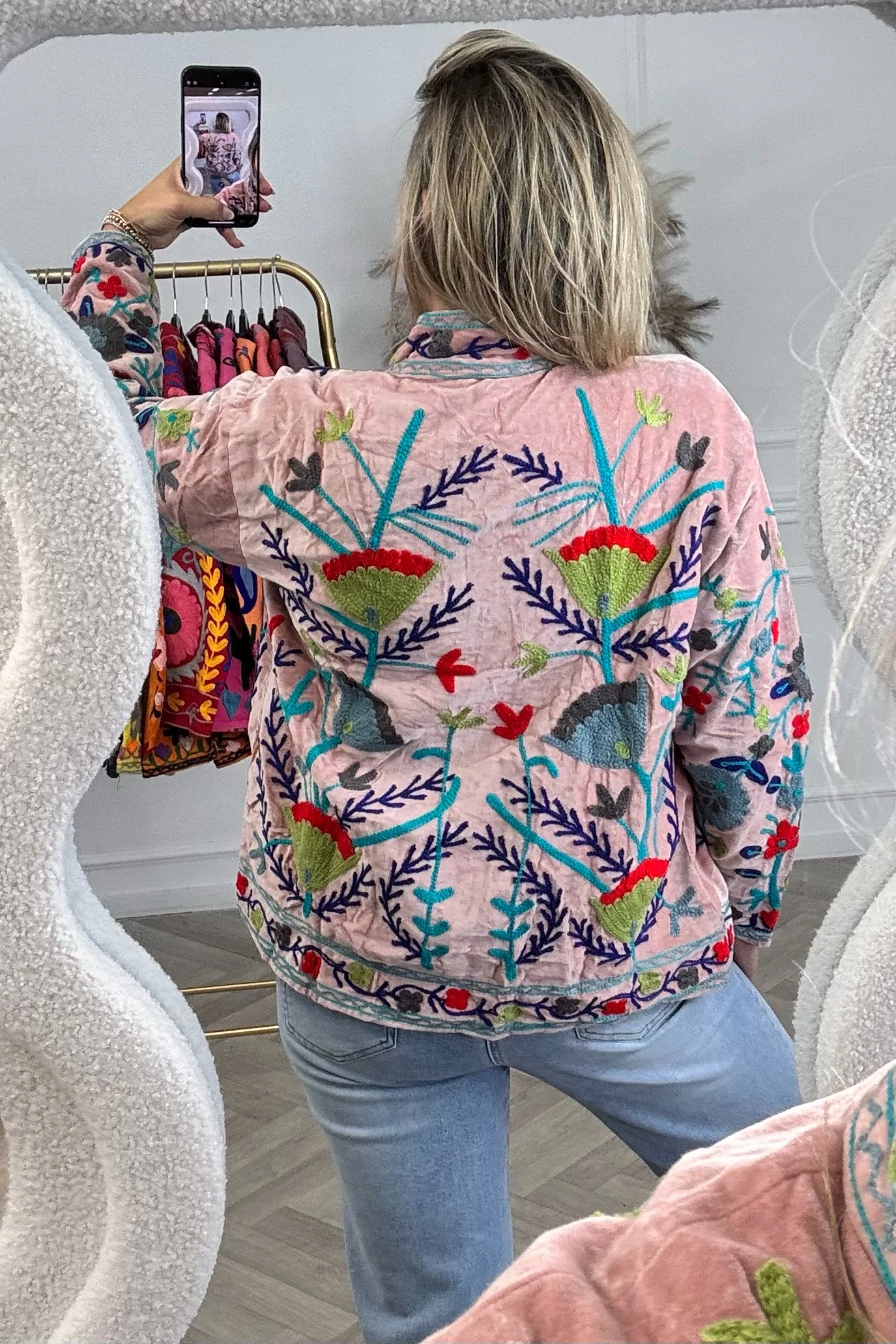 Cotton Velvet Lily Jacket - Old Pink/Green - Image 4