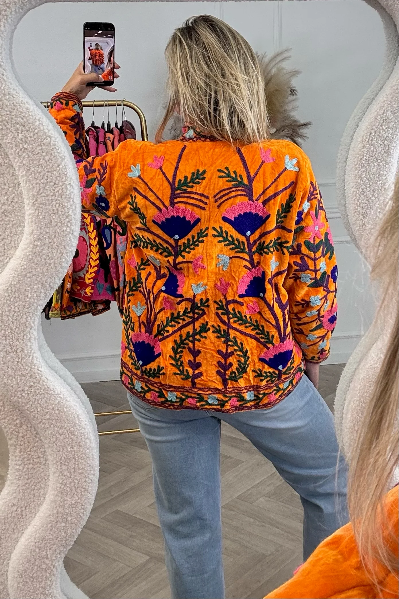 Cotton Velvet Lily Jacket - Orange/Blue - Image 2