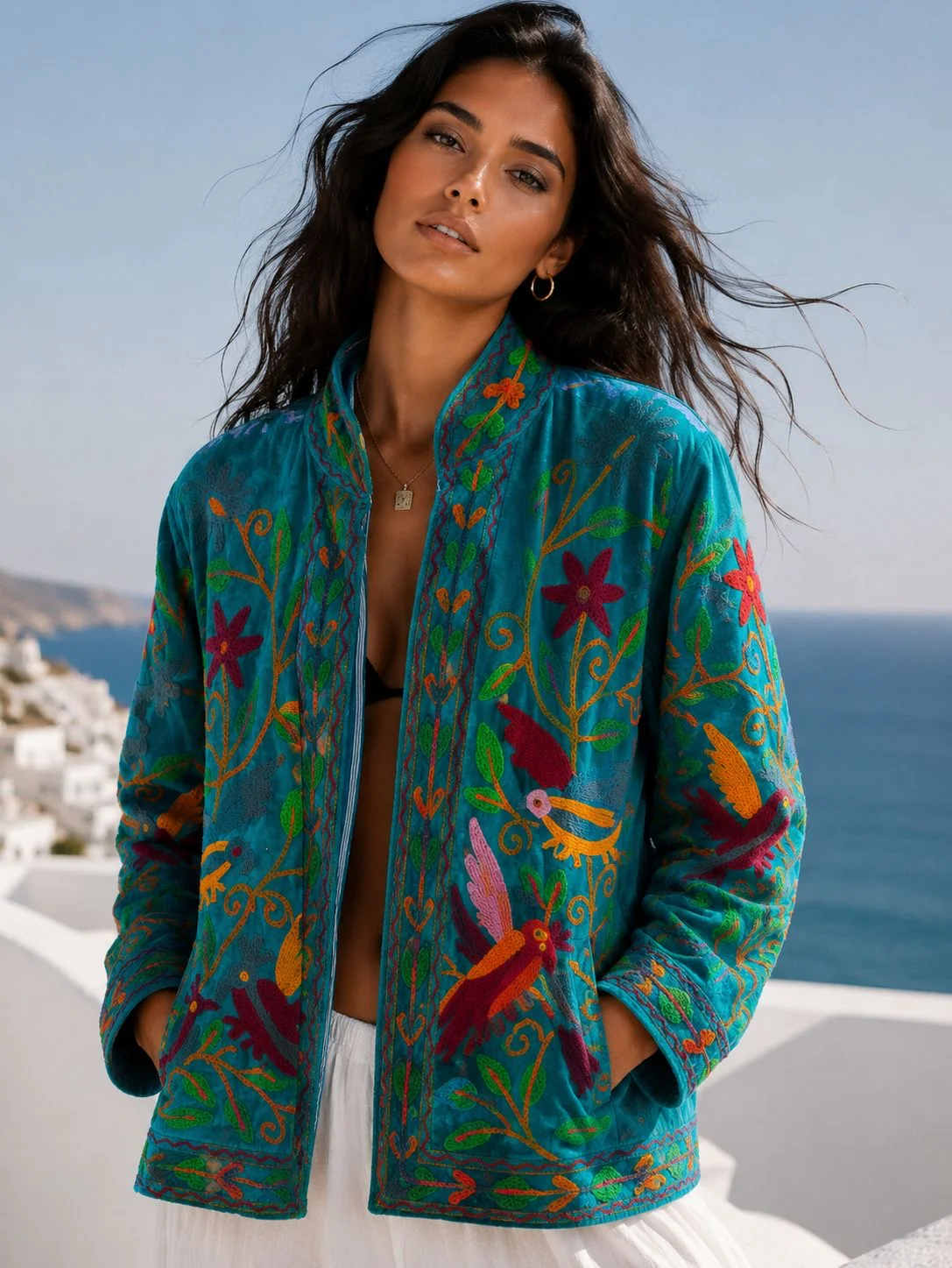Cotton Velvet Small Birds Jacket - Aqua/Bordeaux