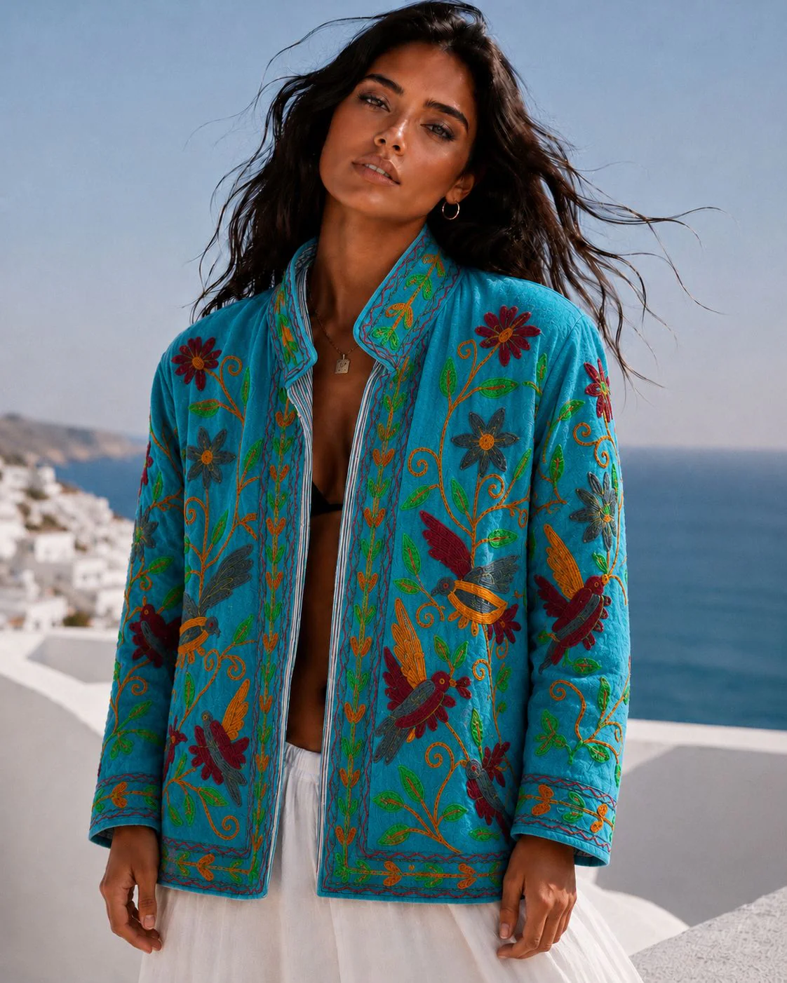 Cotton Velvet Small Birds Jacket - Aqua/Green