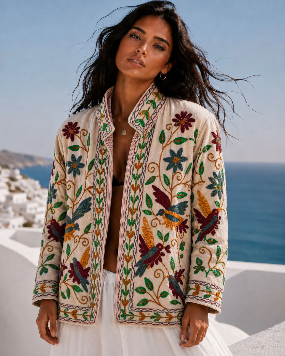 Cotton Velvet Small Birds Jacket - Creme/Armygreen