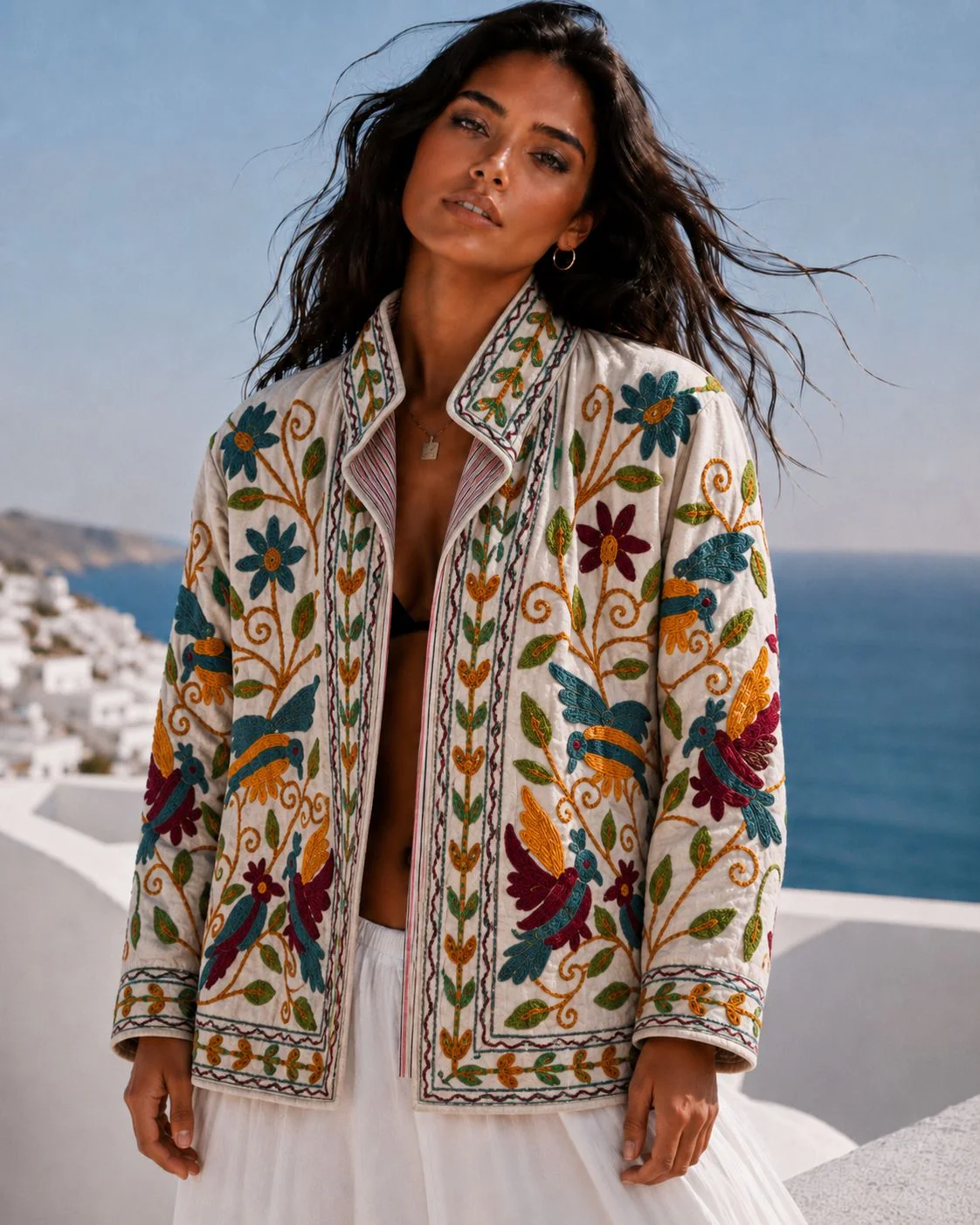 Cotton Velvet Small Birds Jacket - Creme/Petrol
