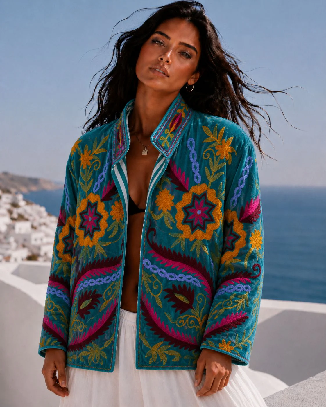 Cotton Velvet Star Flower Jacket - Aqua
