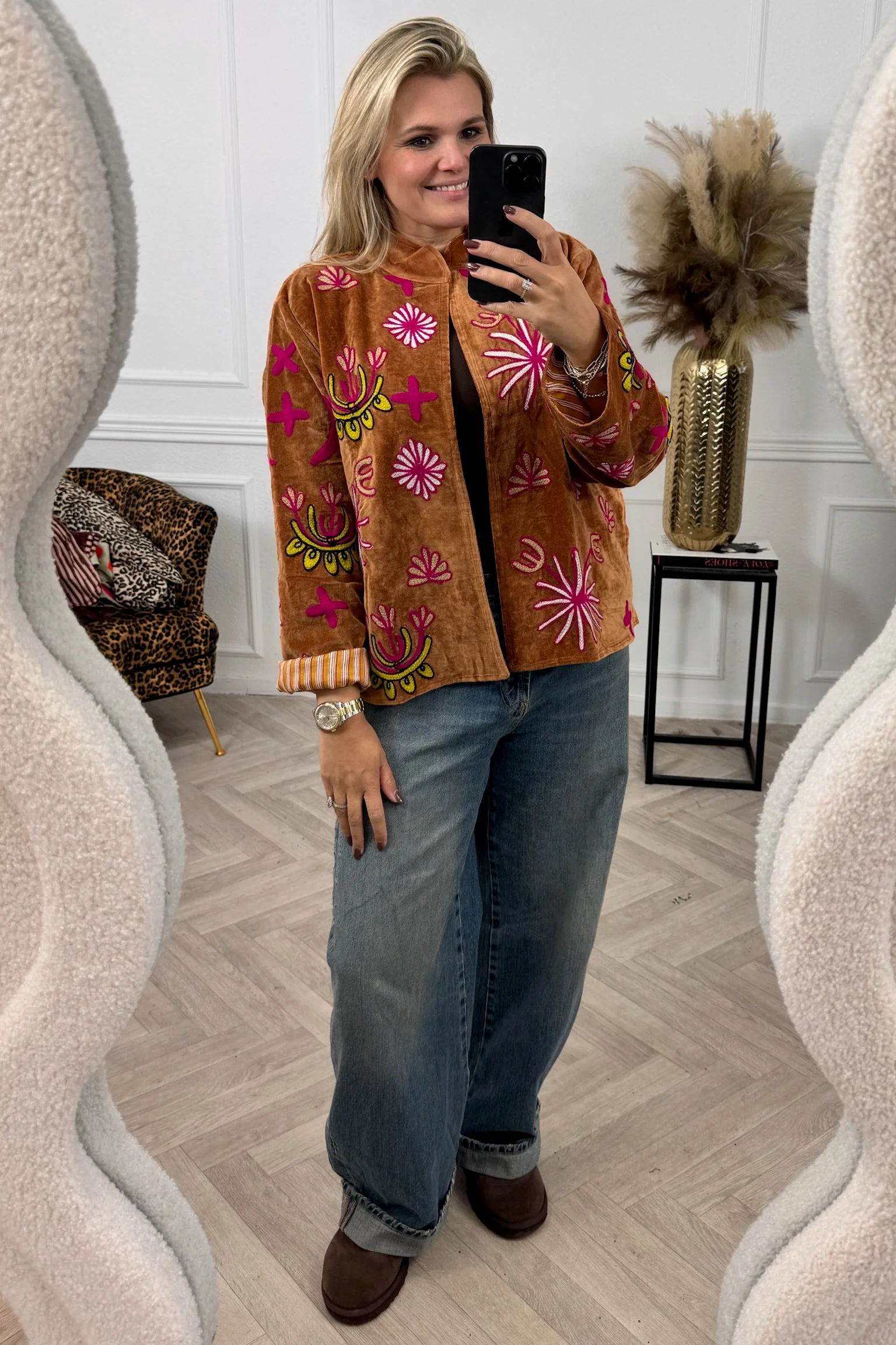 Cotton Velvet Star Leopard Jacket - Camel - Image 3