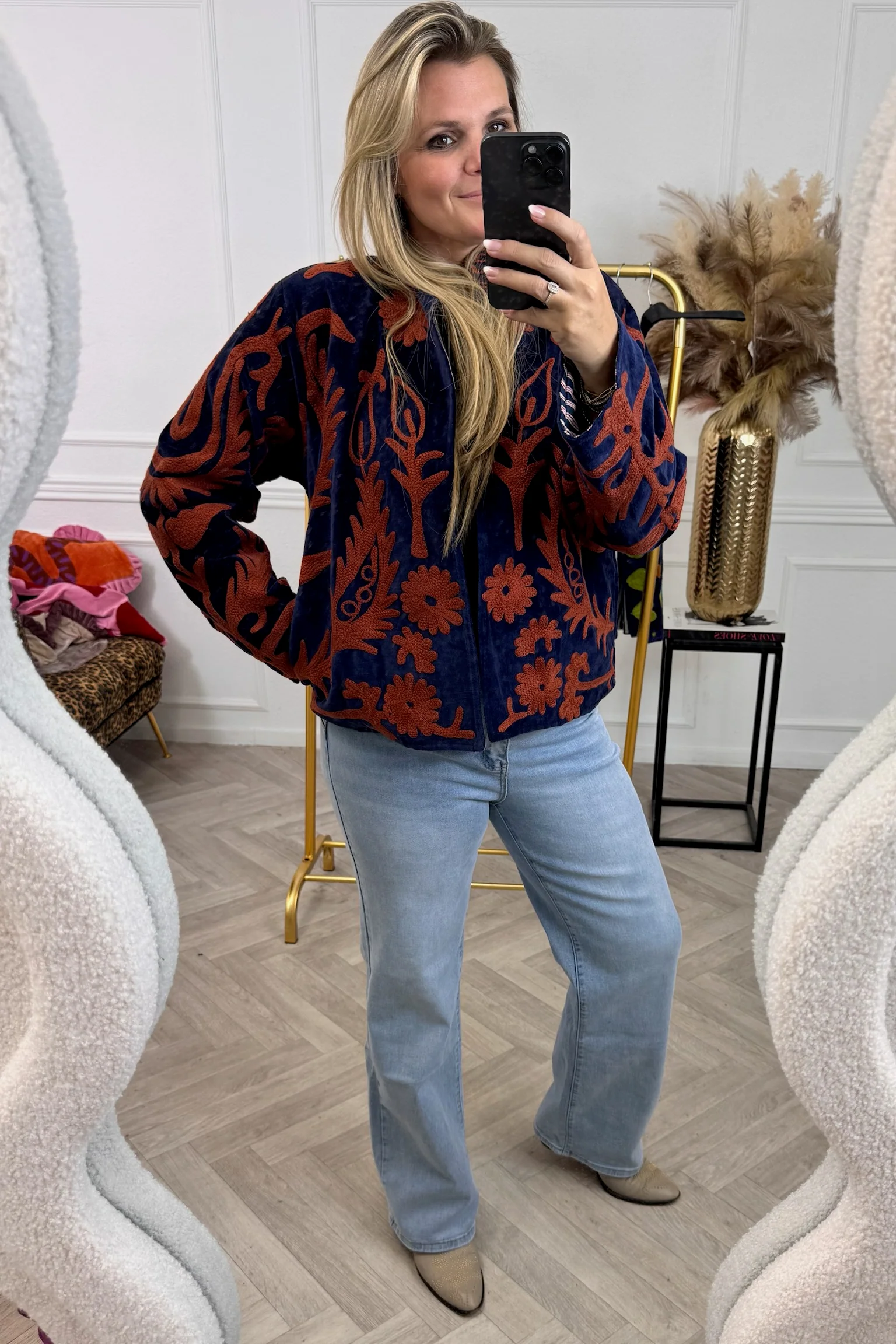 Cotton Velvet Trishul Jacket - Dark Blue
