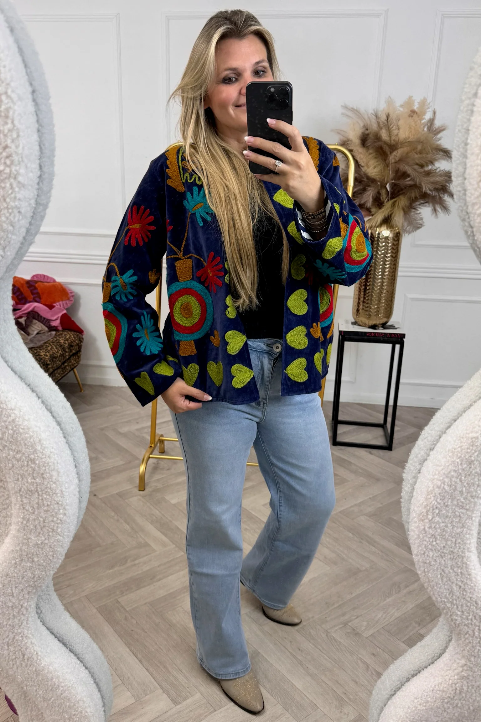 Cotton Velvet Vase Jacket - Dark Blue/ Green