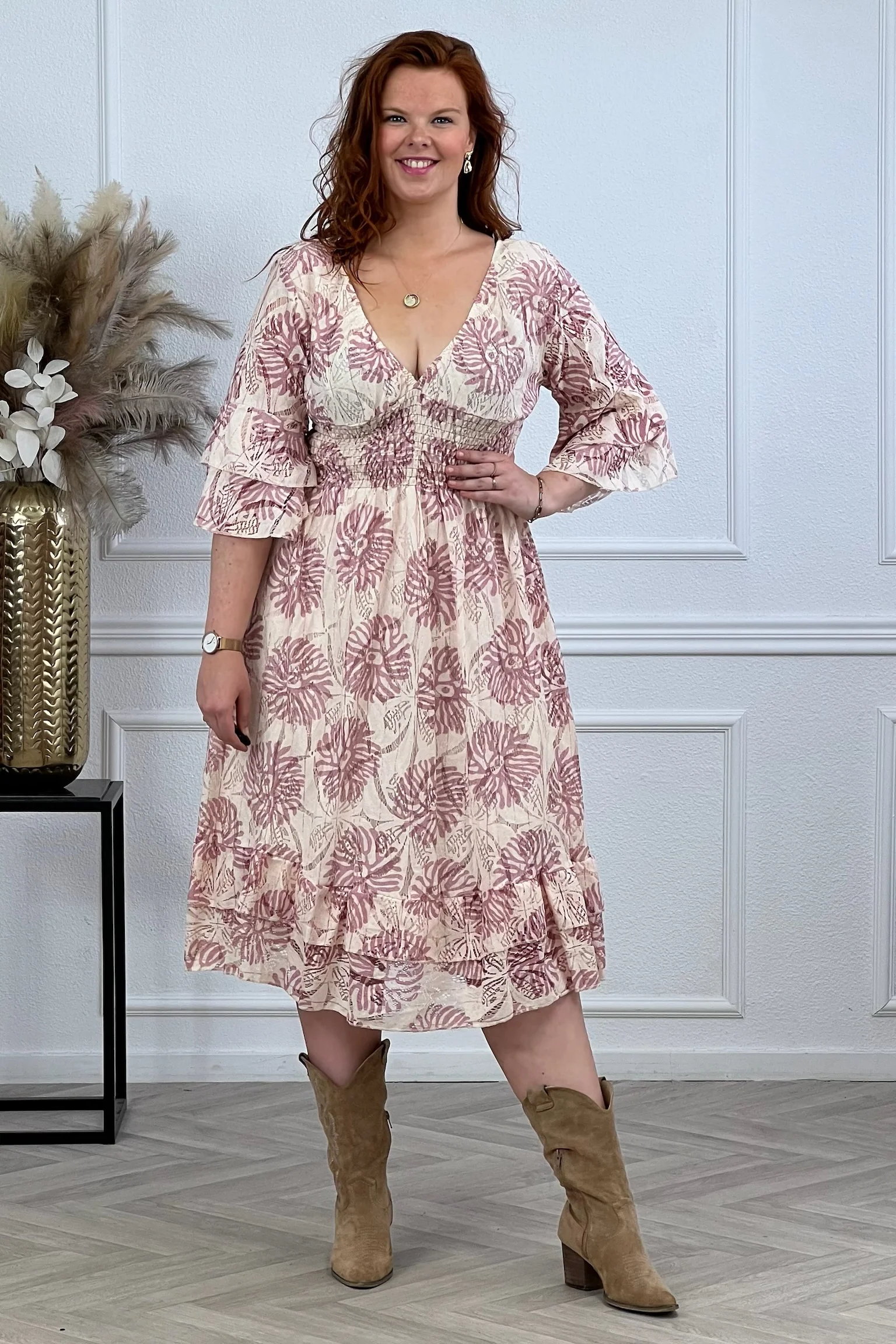 Curvy Cotton Leaves Taille Dress - Old Pink