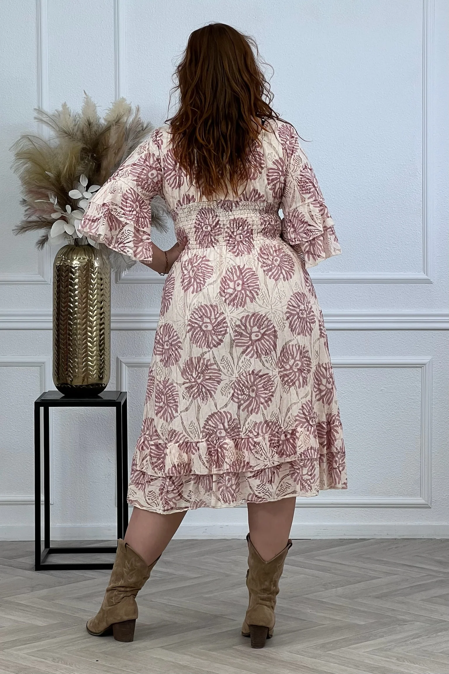 Curvy Cotton Leaves Taille Dress - Old Pink - Image 3