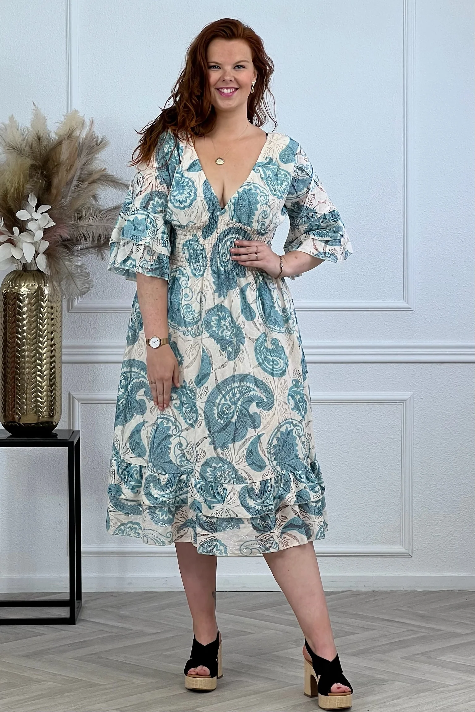 Curvy Cotton Paisley Taille Dress - Turquoise
