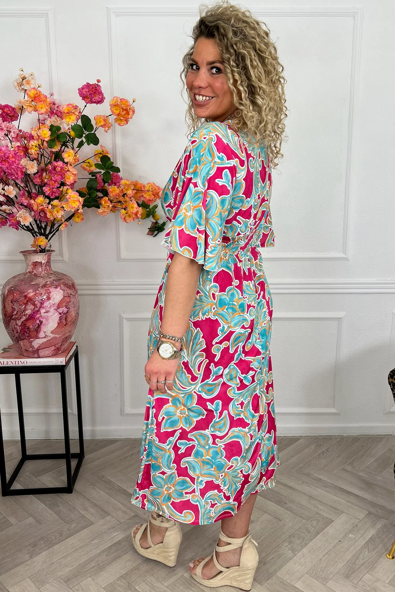 Curvy Flower Taille Dress - Fuchsia/Sage - Image 3