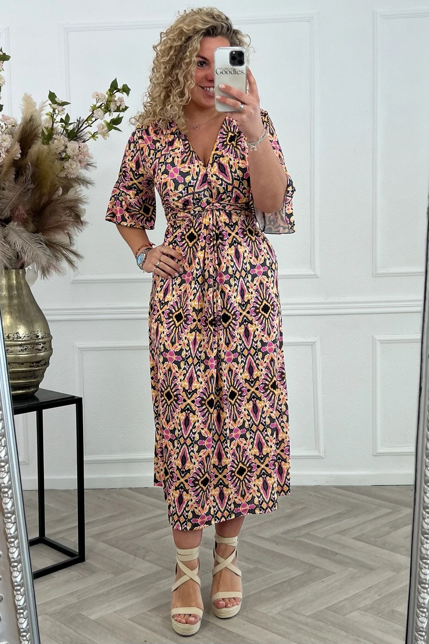 Curvy Knotted Aztec Dress - Oker/Black/Pink