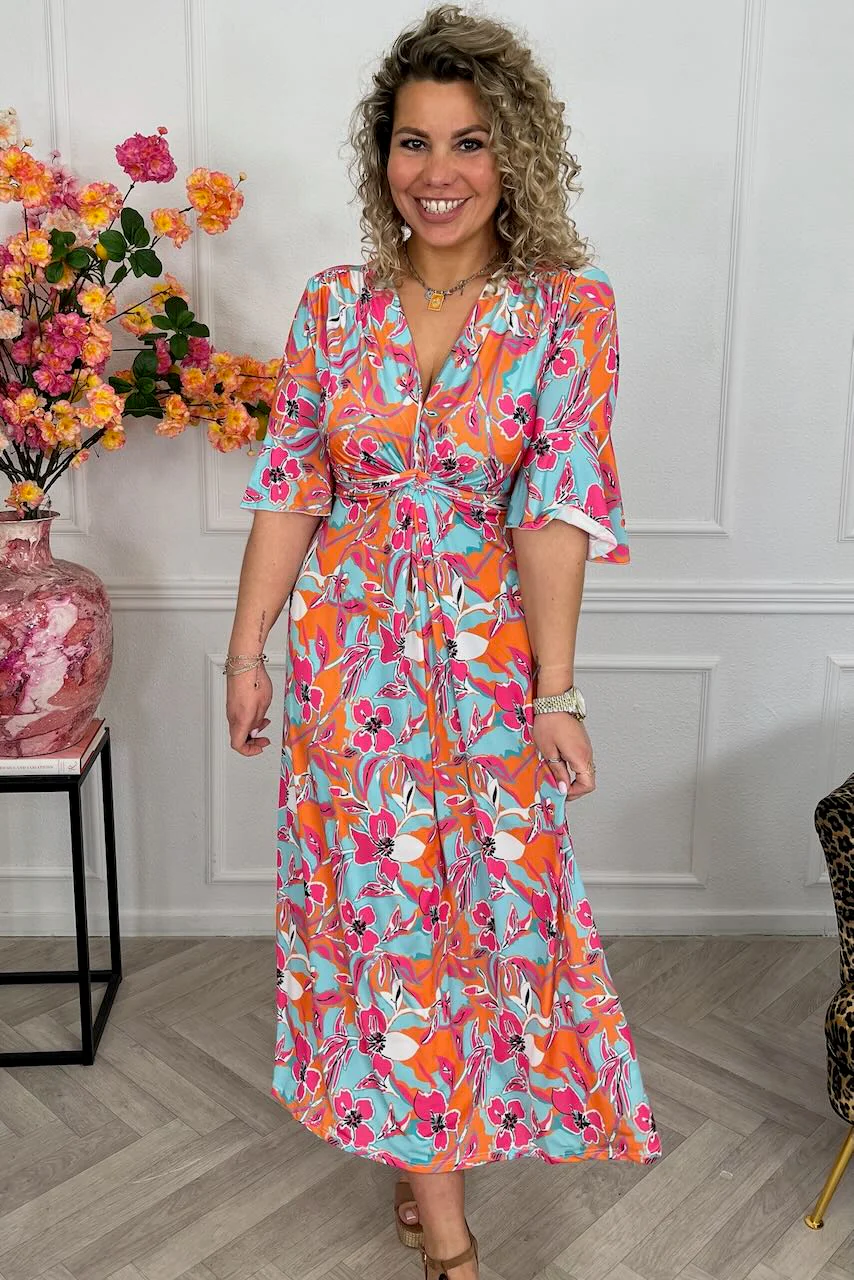 Curvy Knotted Celeste Dress - Orange/Turquoise