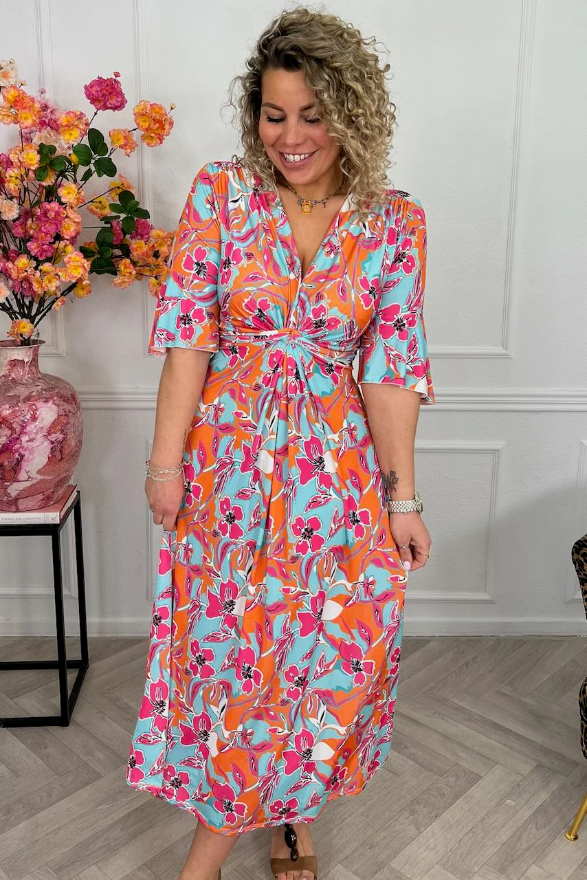 Curvy Knotted Celeste Dress - Orange/Turquoise - Image 2
