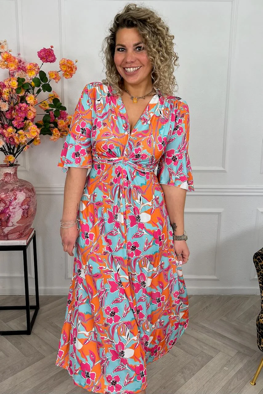 Curvy Knotted Celeste Dress - Orange/Turquoise - Image 3
