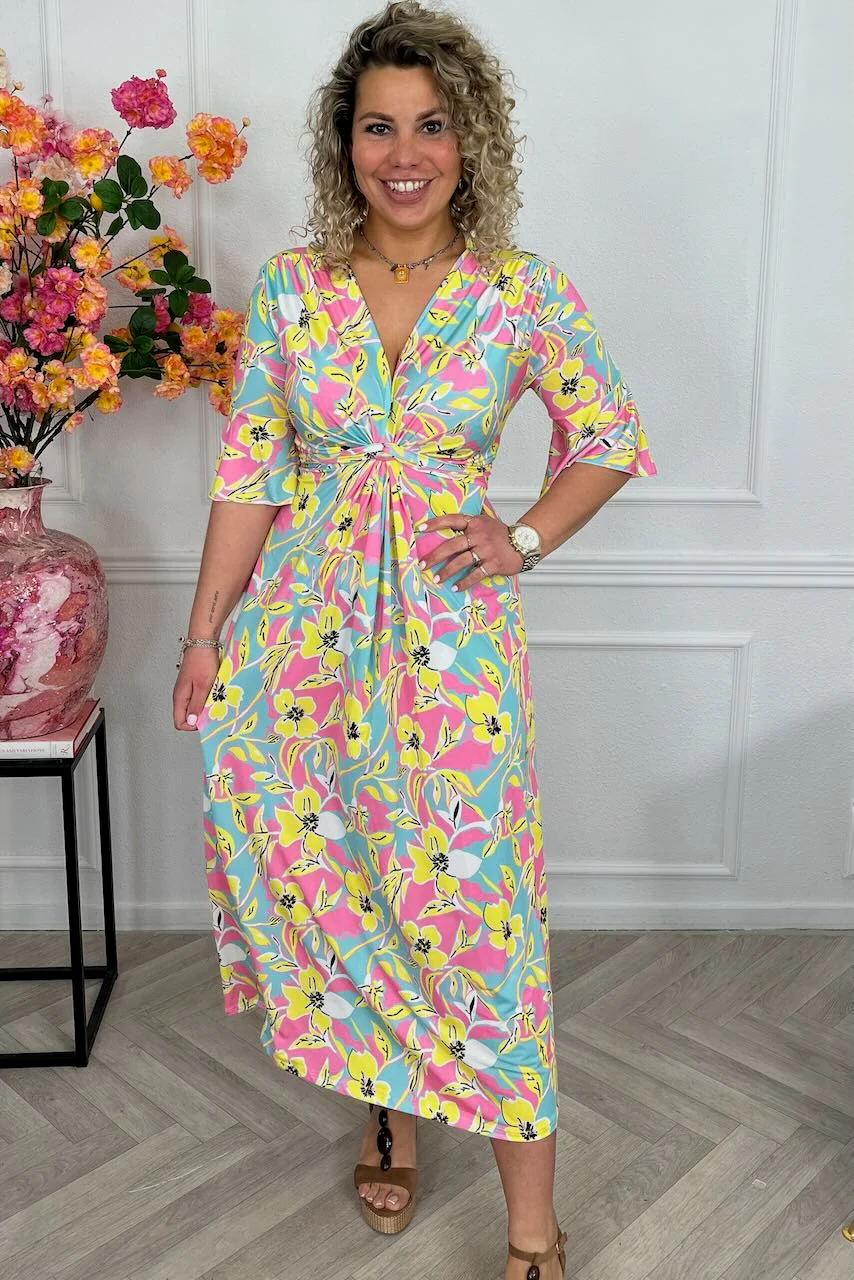 Curvy Knotted Celeste Dress - Pink/Yellow/Turquoise