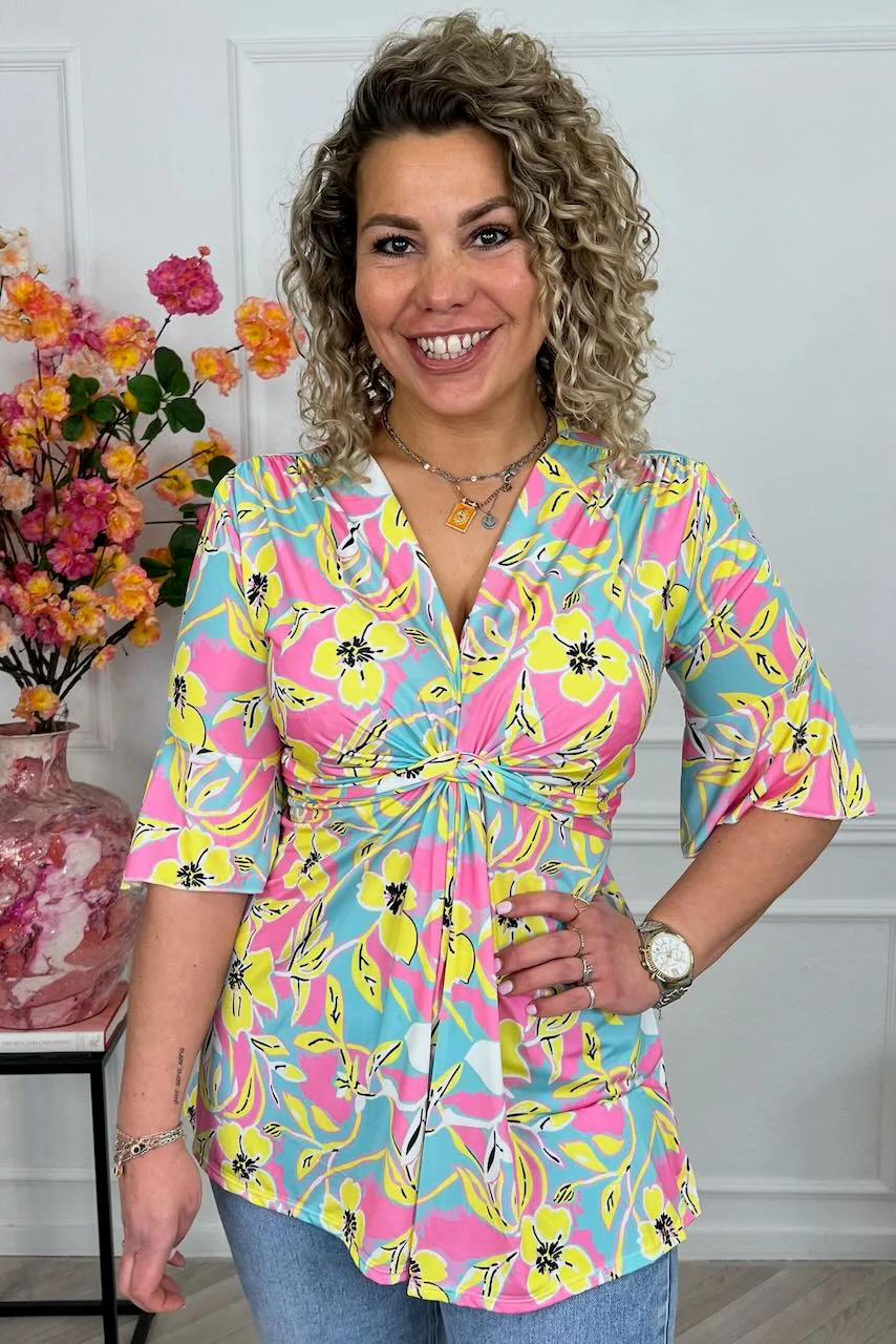 Curvy Knotted Celeste Top - Pink/Yellow/Turquoise
