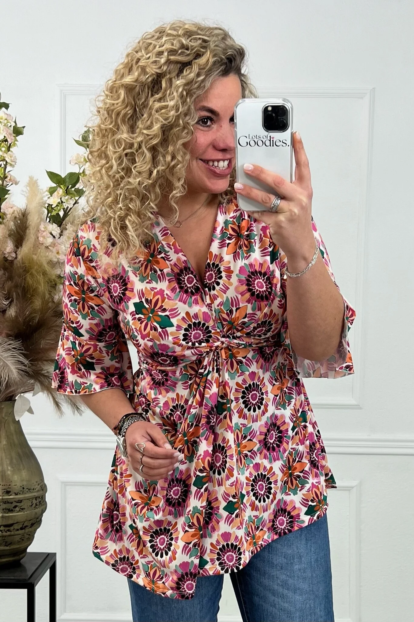 Curvy Knotted Flower Top - Pink/Orange/Oker