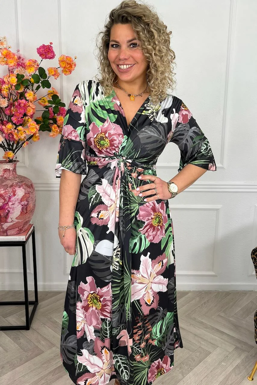 Curvy Knotted Forest Dress - Black/Pink