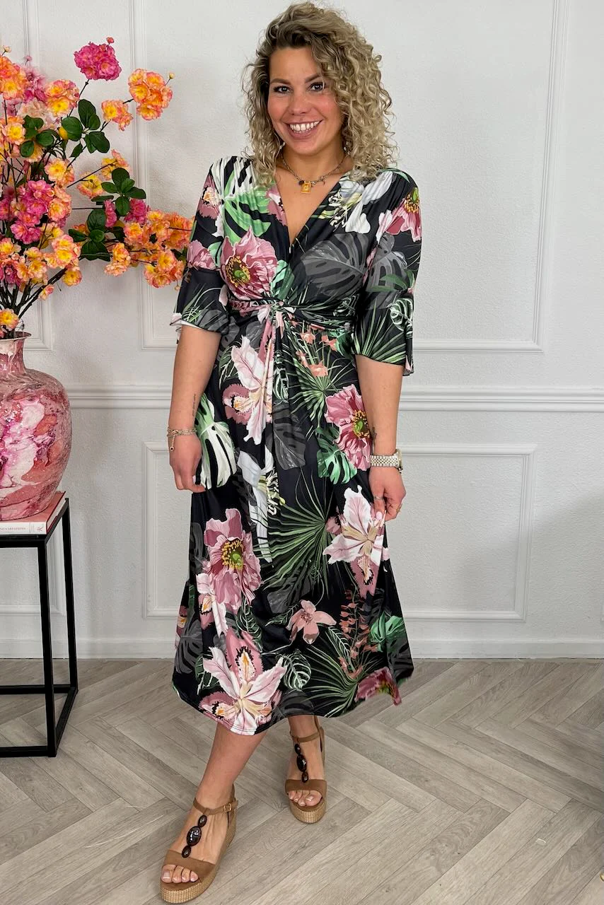 Curvy Knotted Forest Dress - Black/Pink - Image 3