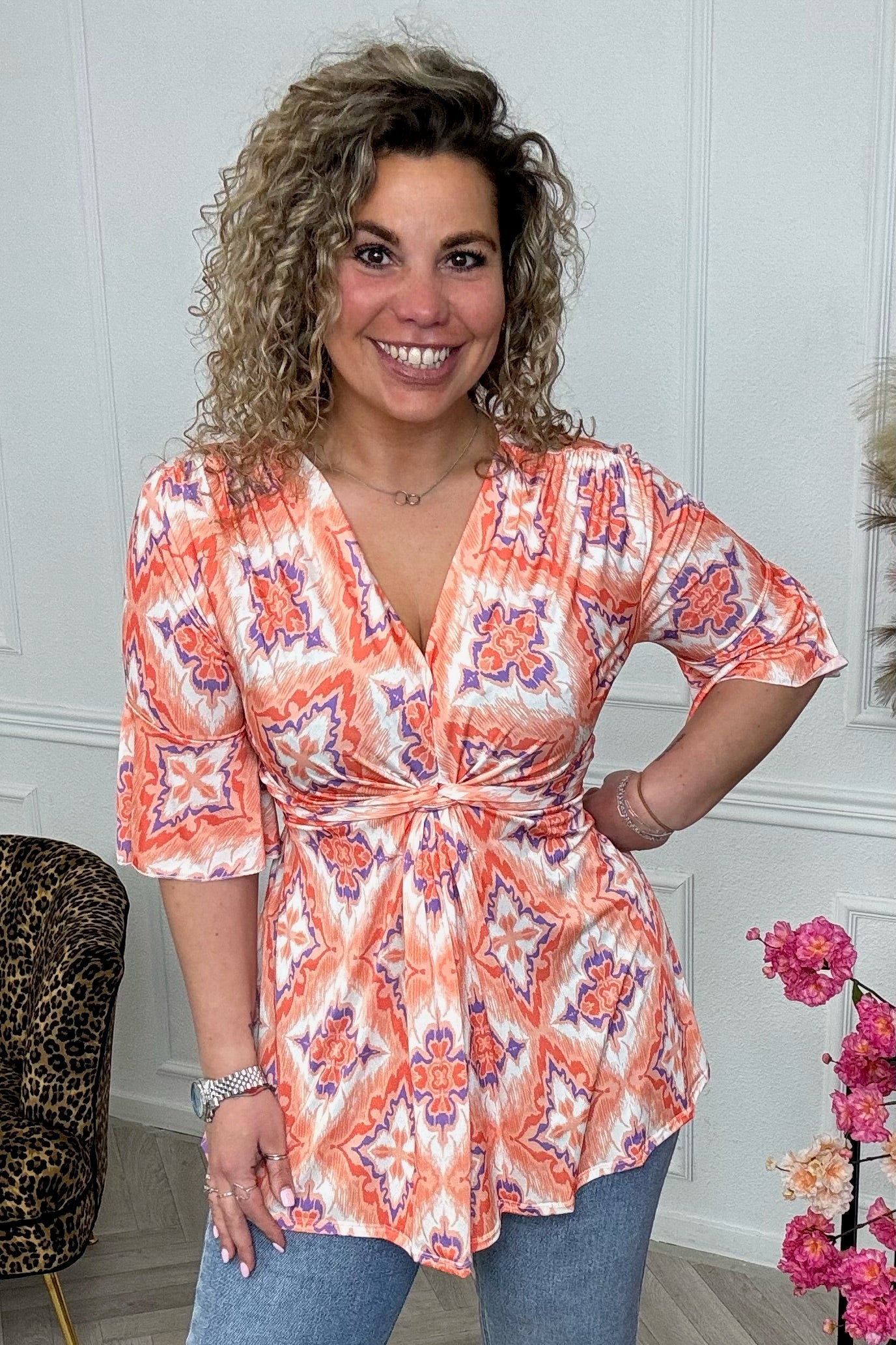 Curvy Knotted Mia Top - Orange/Purple