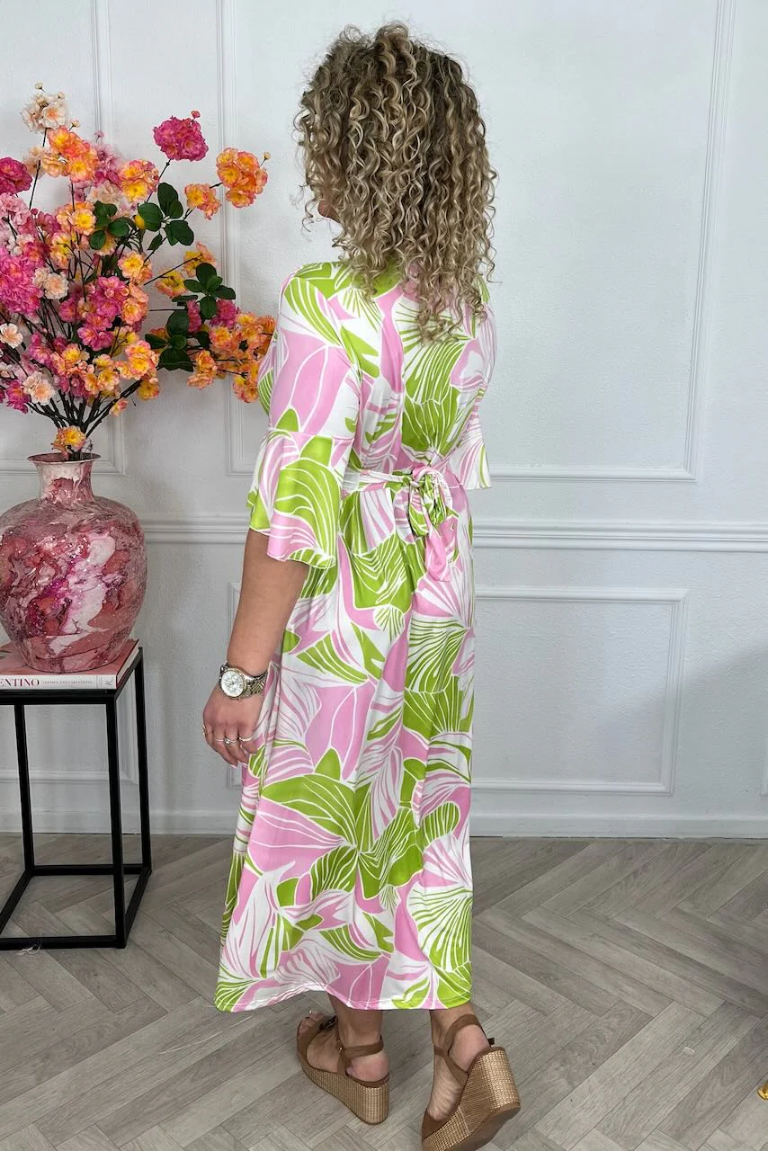 Curvy Knotted Palm Breeze Dress - Lime/Pink - Image 4