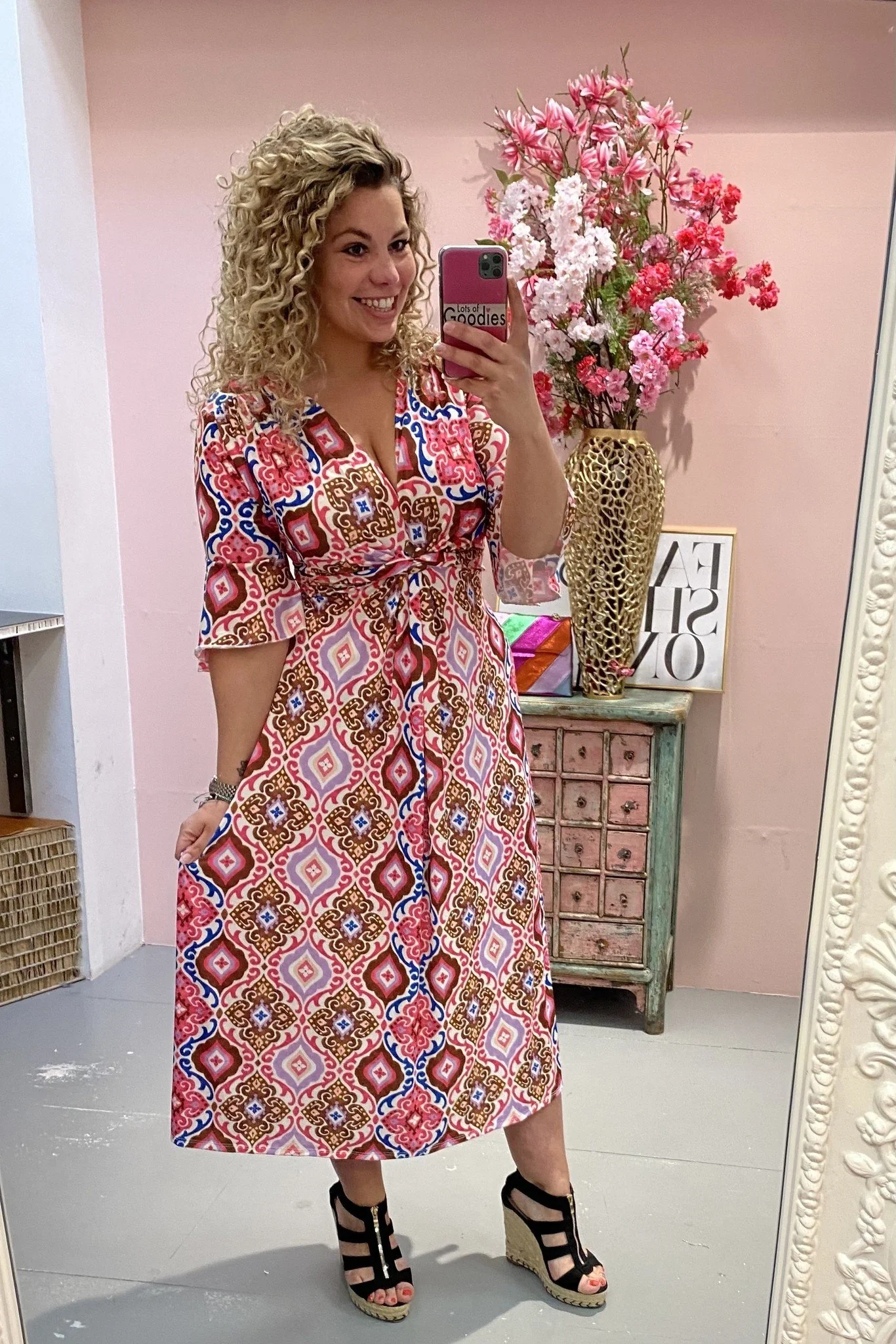 Curvy Knotted Spring Dress - Pink/Brown/Blue