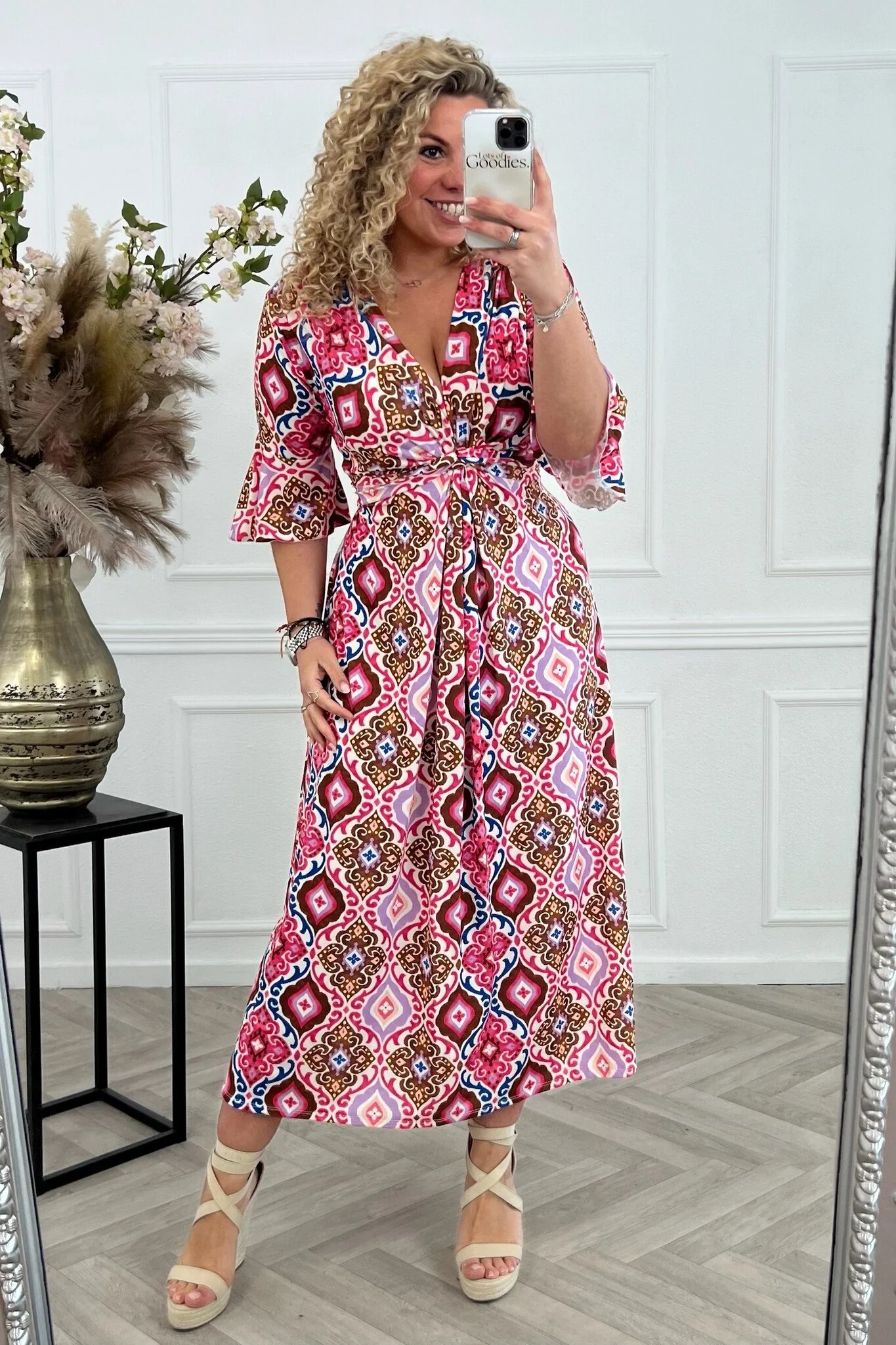 Curvy Knotted Spring Dress - Pink/Brown/Blue - Image 2