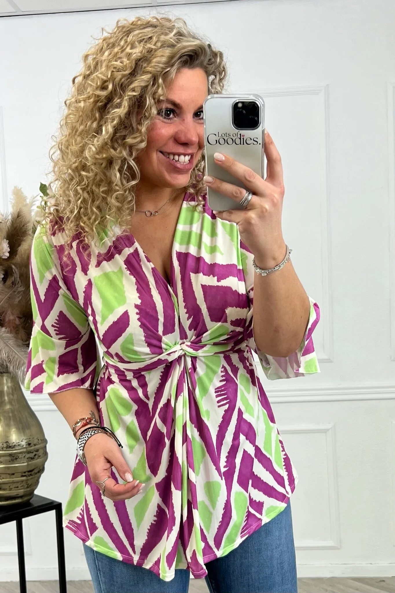 Curvy Knotted Tess Top - Purple/Lime