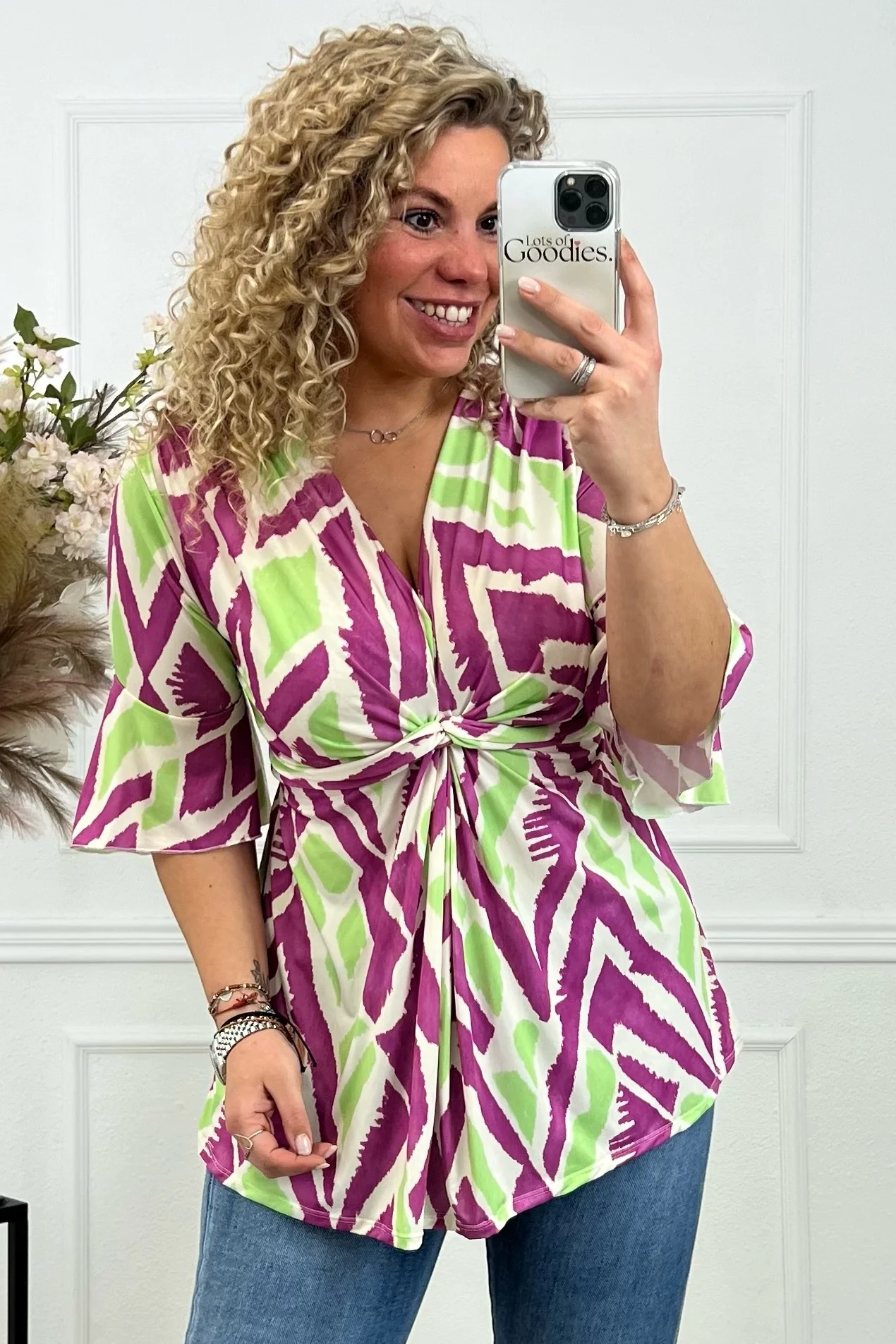 Curvy Knotted Tess Top - Purple/Lime - Image 2