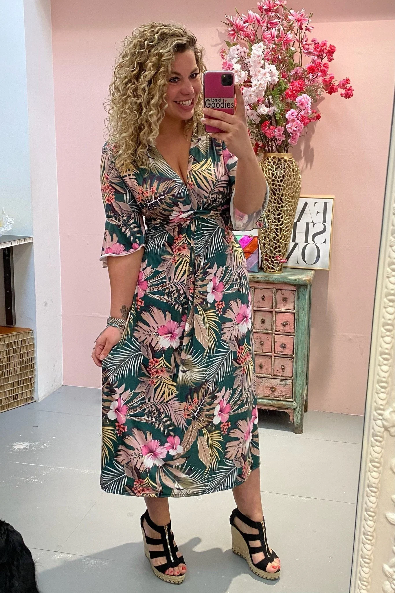 Curvy Knotted Tropical Leaves Dress - Green/Pink