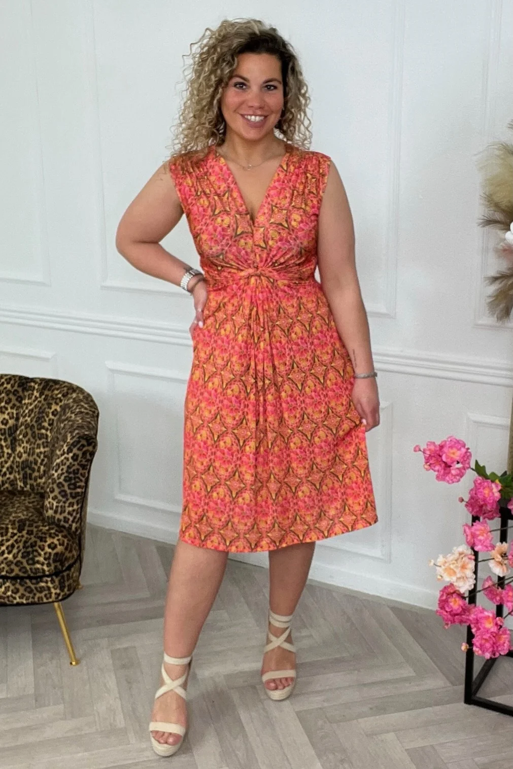 Curvy Knotted Sleeveless Print Dress - Orange