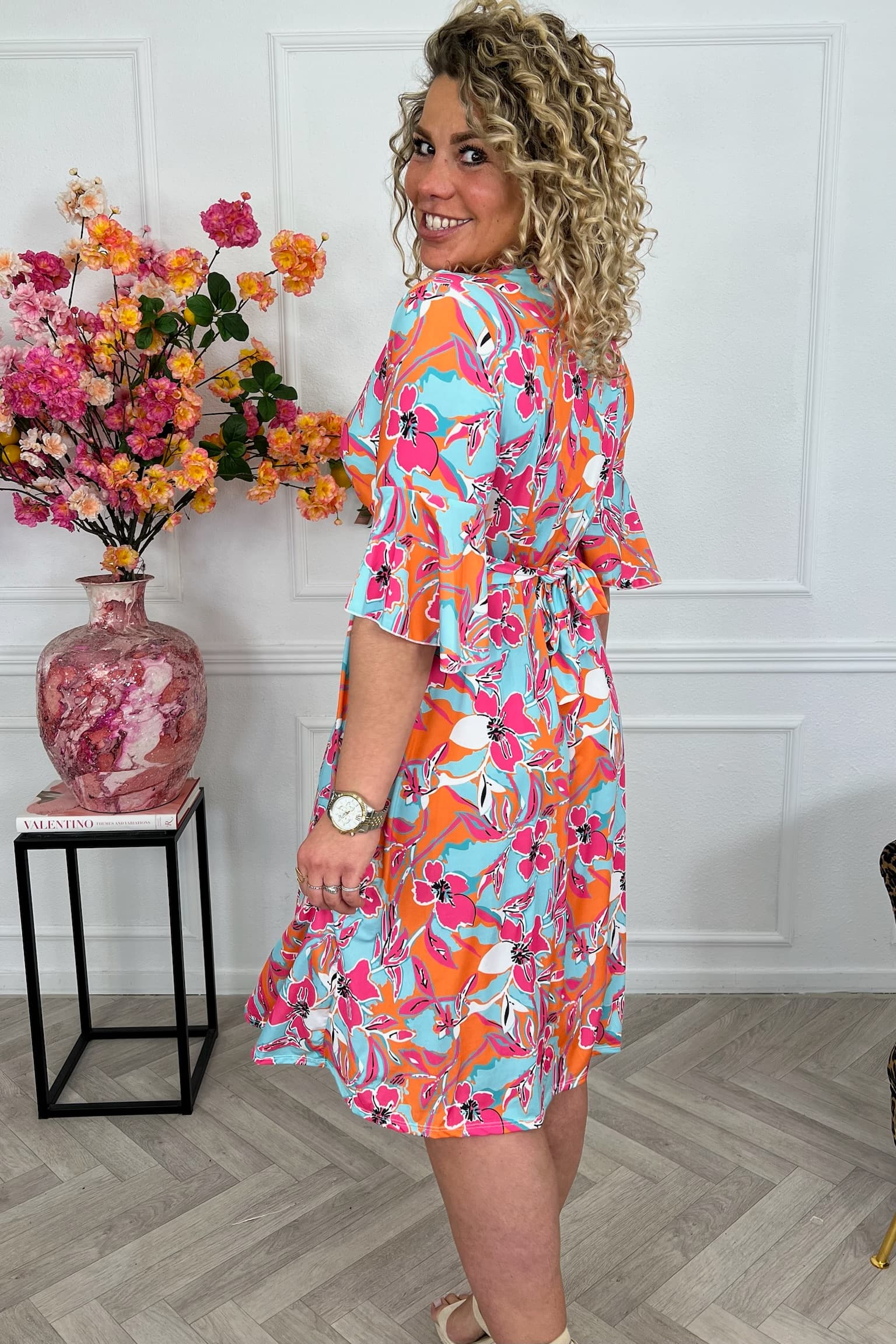 Curvy Short Knotted Celeste Dress - Orange/Turquoise - Image 2